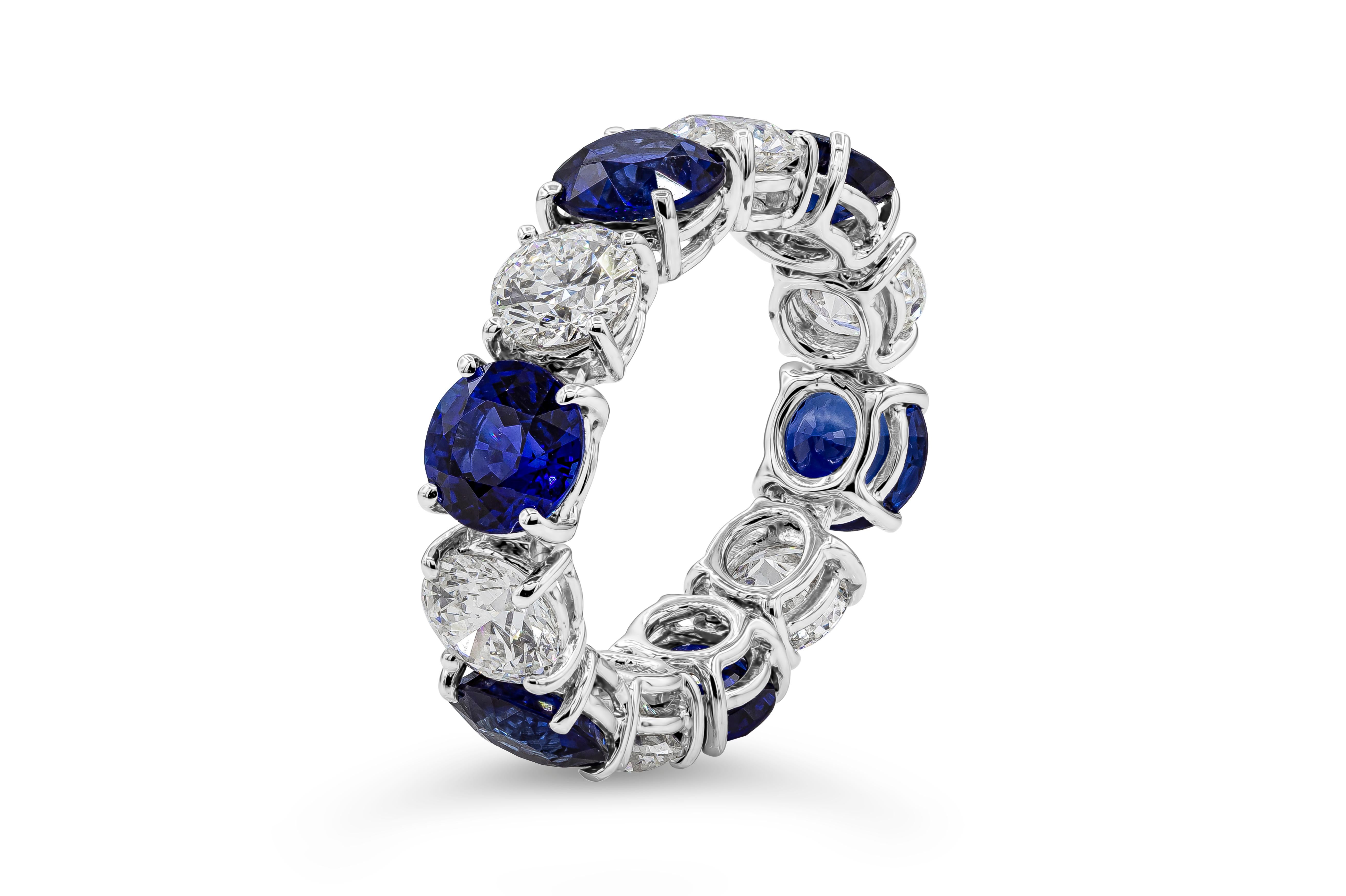 This flexible beautiful wedding band features 6 round blue sapphires that alternate with 6 round diamonds, set in a classic four prong basket setting. Sapphires weigh 4.76 carats total and diamonds weigh 2.60 carats total in F-G Color, SI in