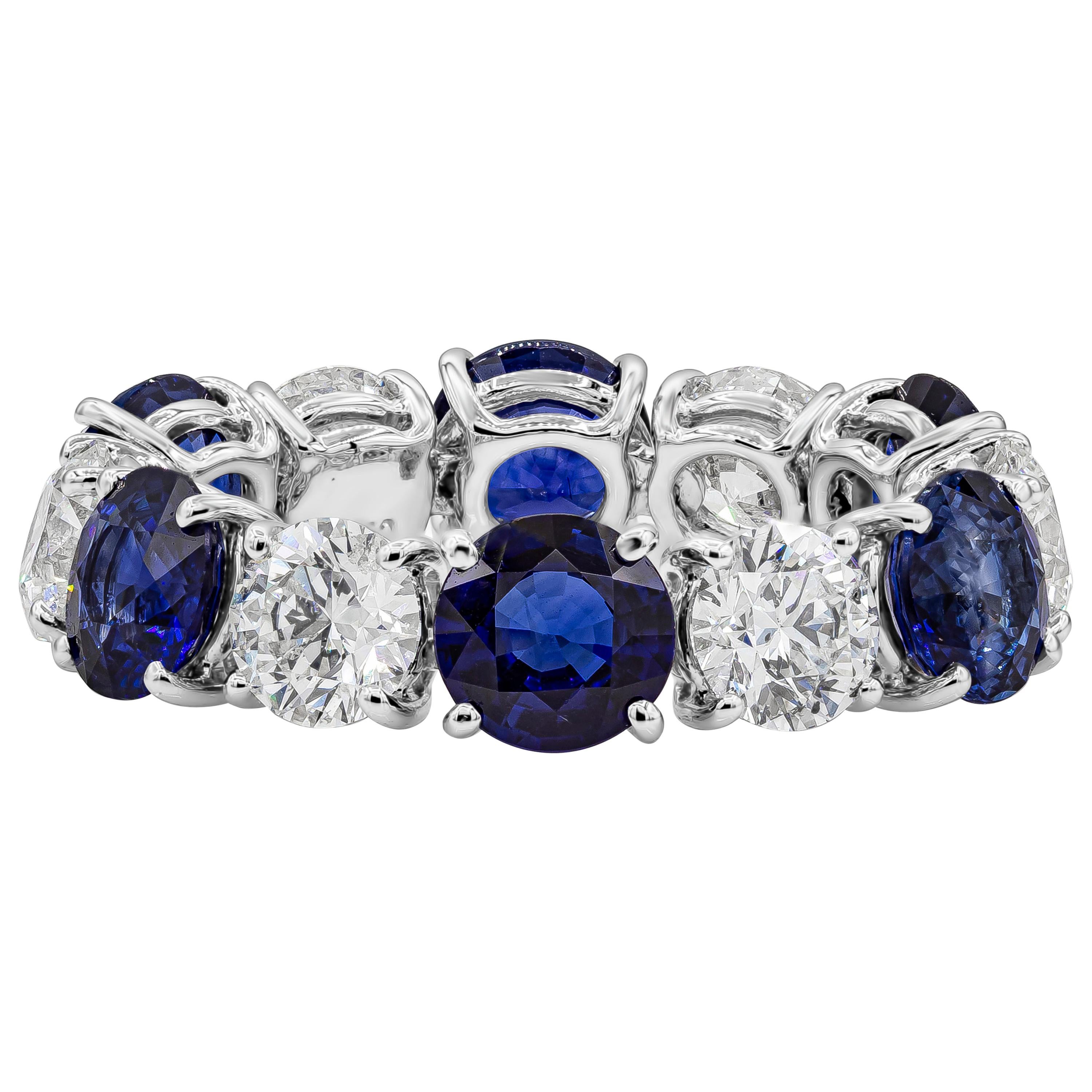 7.36 Carat Alternating Blue Sapphire and Diamond Eternity Wedding Band Ring For Sale