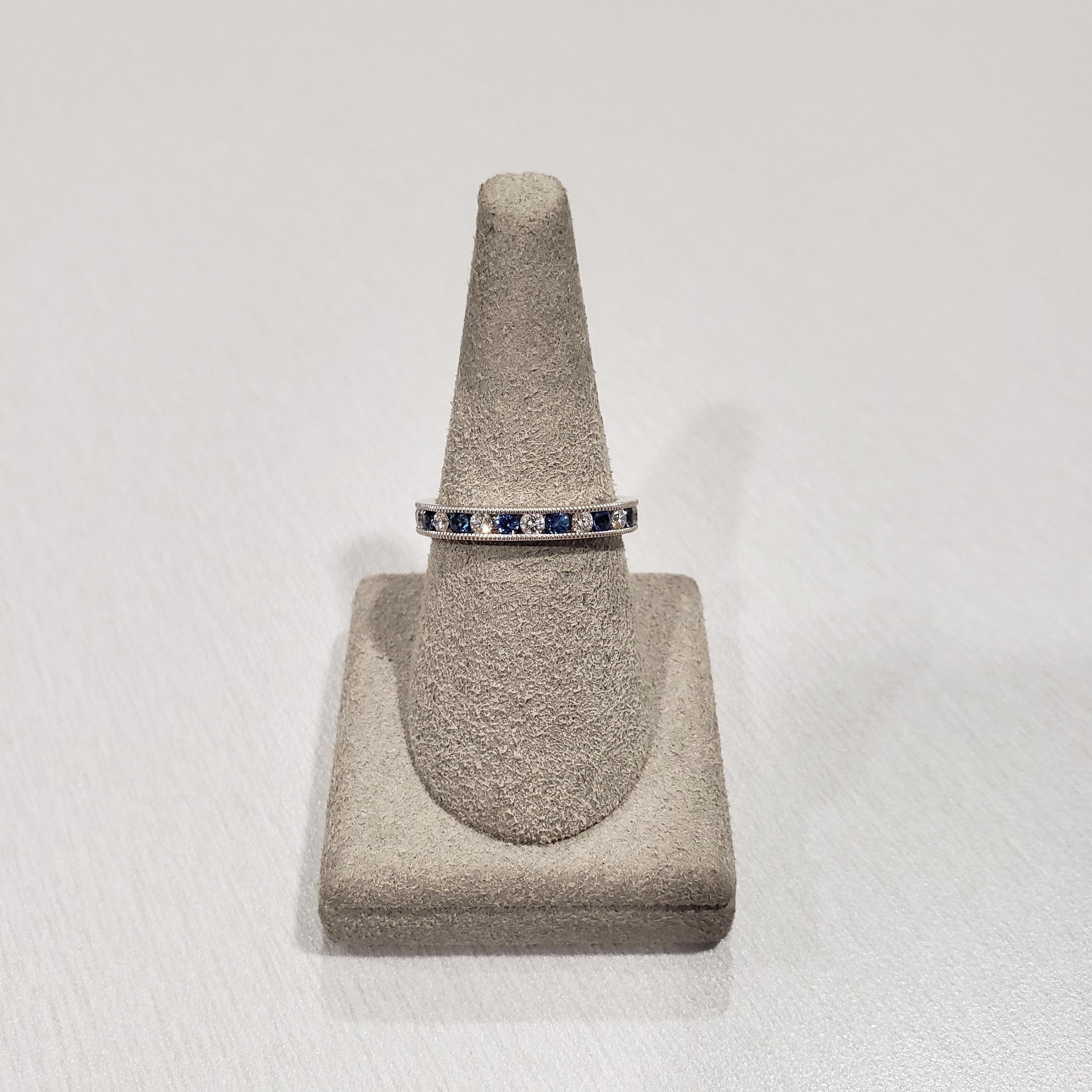 Roman Malakov 1.12 Alternating Blue Sapphire and Diamond Eternity Wedding Band In New Condition For Sale In New York, NY