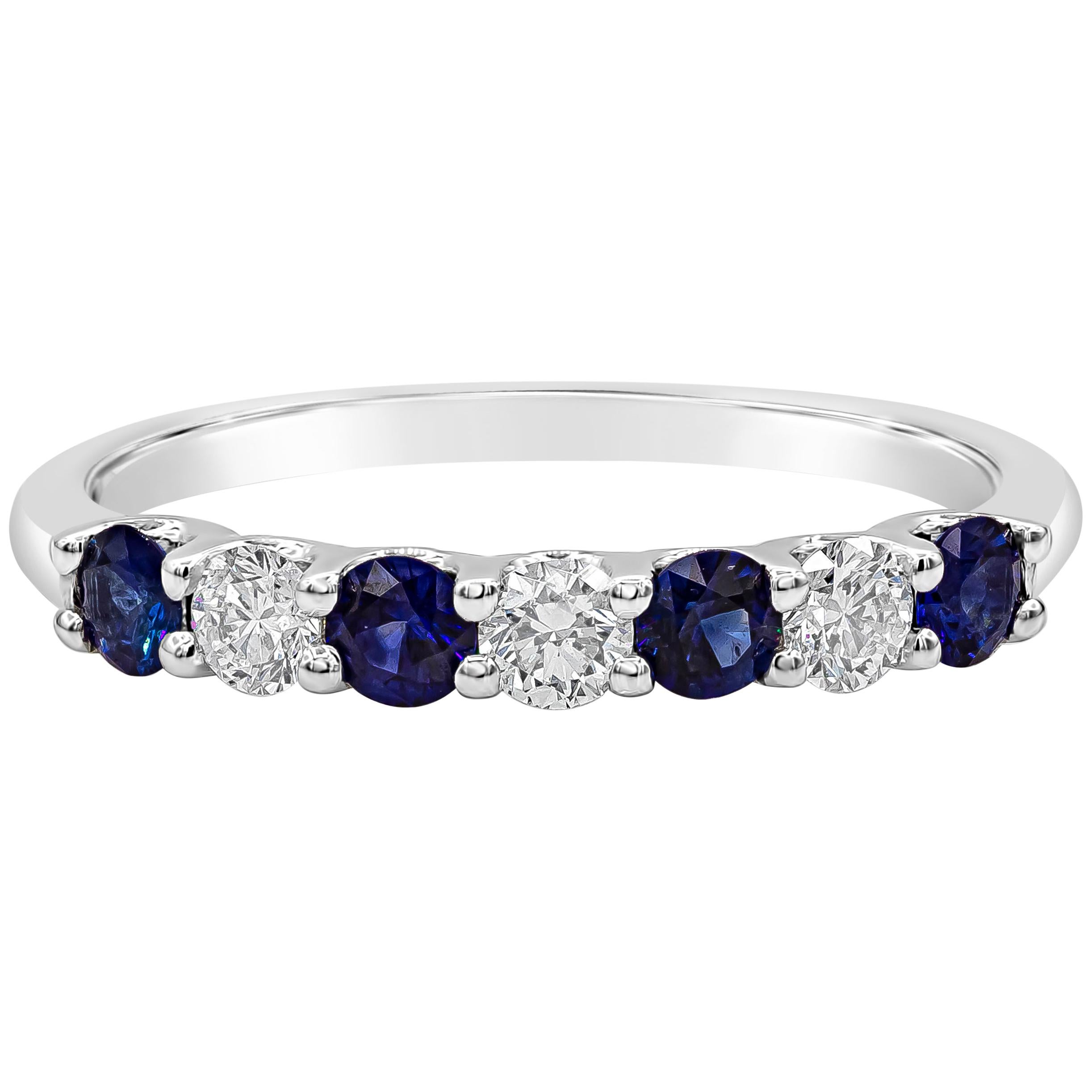 Alternating Blue Sapphire and Diamond Seven-Stone Wedding Band