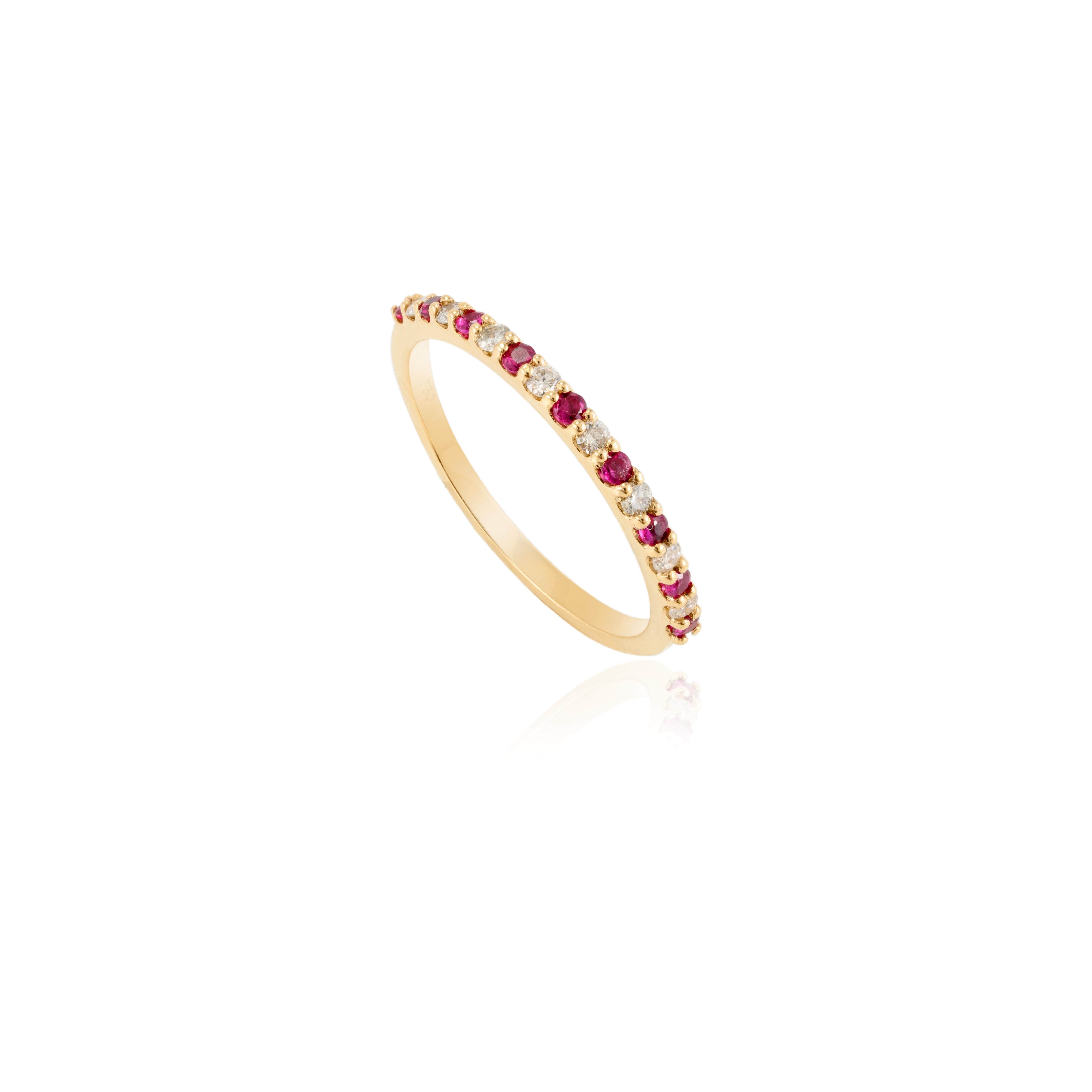 For Sale:  Round Brilliant Diamond and Ruby Stacking Band Ring 18k Solid Yellow Gold Band 6