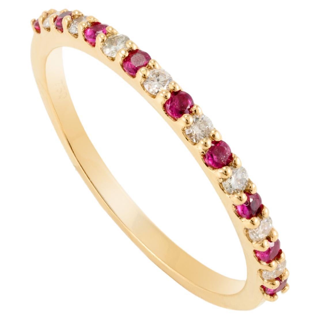Anneau empilable en or jaune massif 18 carats, diamants ronds brillants et rubis