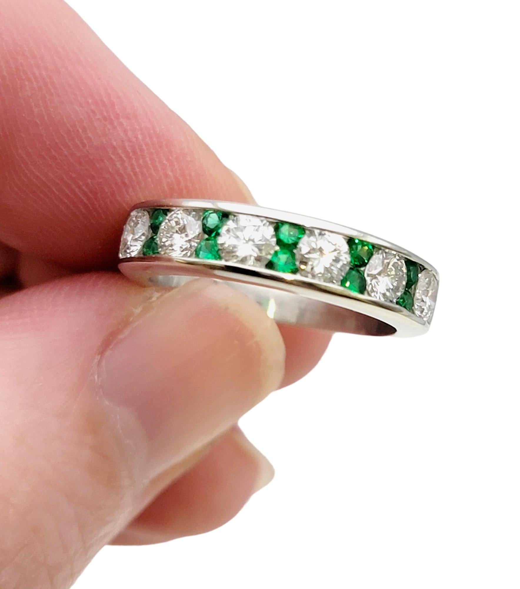 Alternating Diamond and Emerald Semi-Eternity Band Ring in Polished Platinum For Sale 3