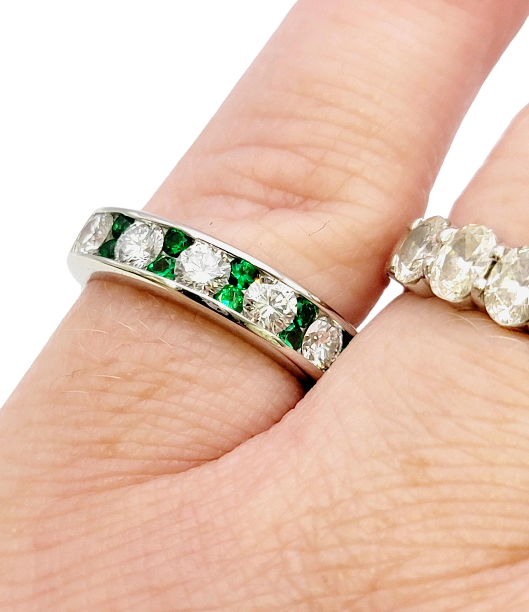 Alternating Diamond and Emerald Semi-Eternity Band Ring in Polished Platinum For Sale 4