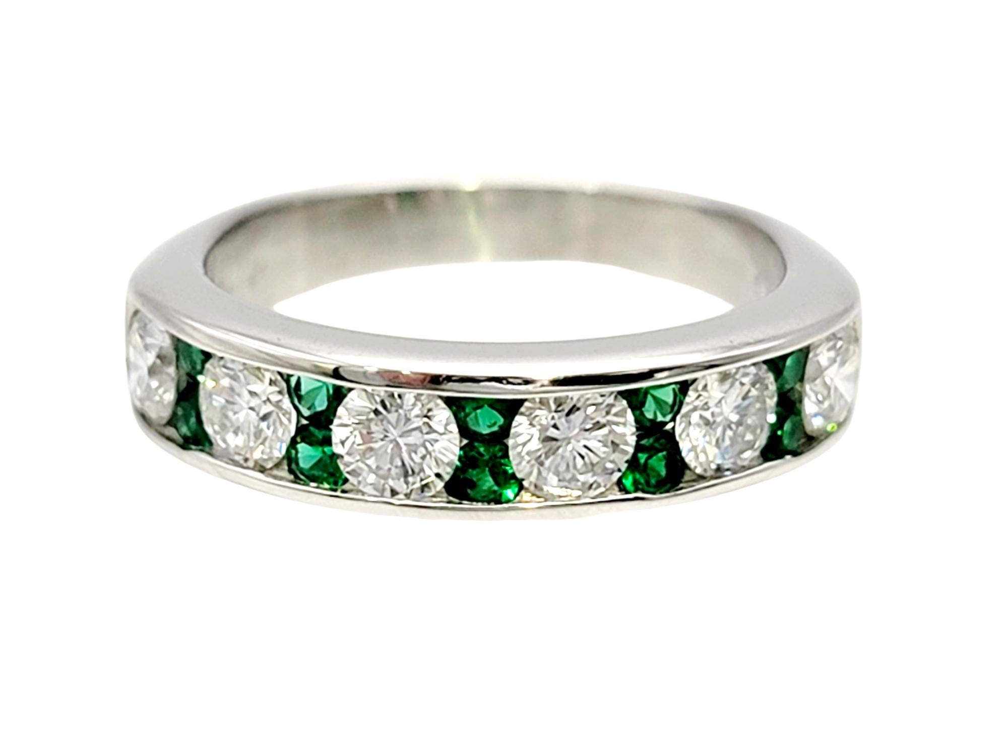 Ring size: 5

Bright and beautiful semi-eternity ring crafted in lustrous platinum. This sparkling ring features a breathtaking combination of radiant white diamonds and vibrant green emeralds, creating a stunning visual feast for the eyes.

The