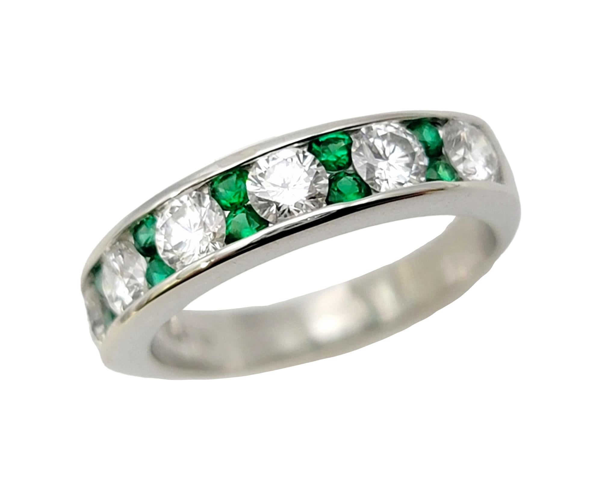Contemporary Alternating Diamond and Emerald Semi-Eternity Band Ring in Polished Platinum For Sale