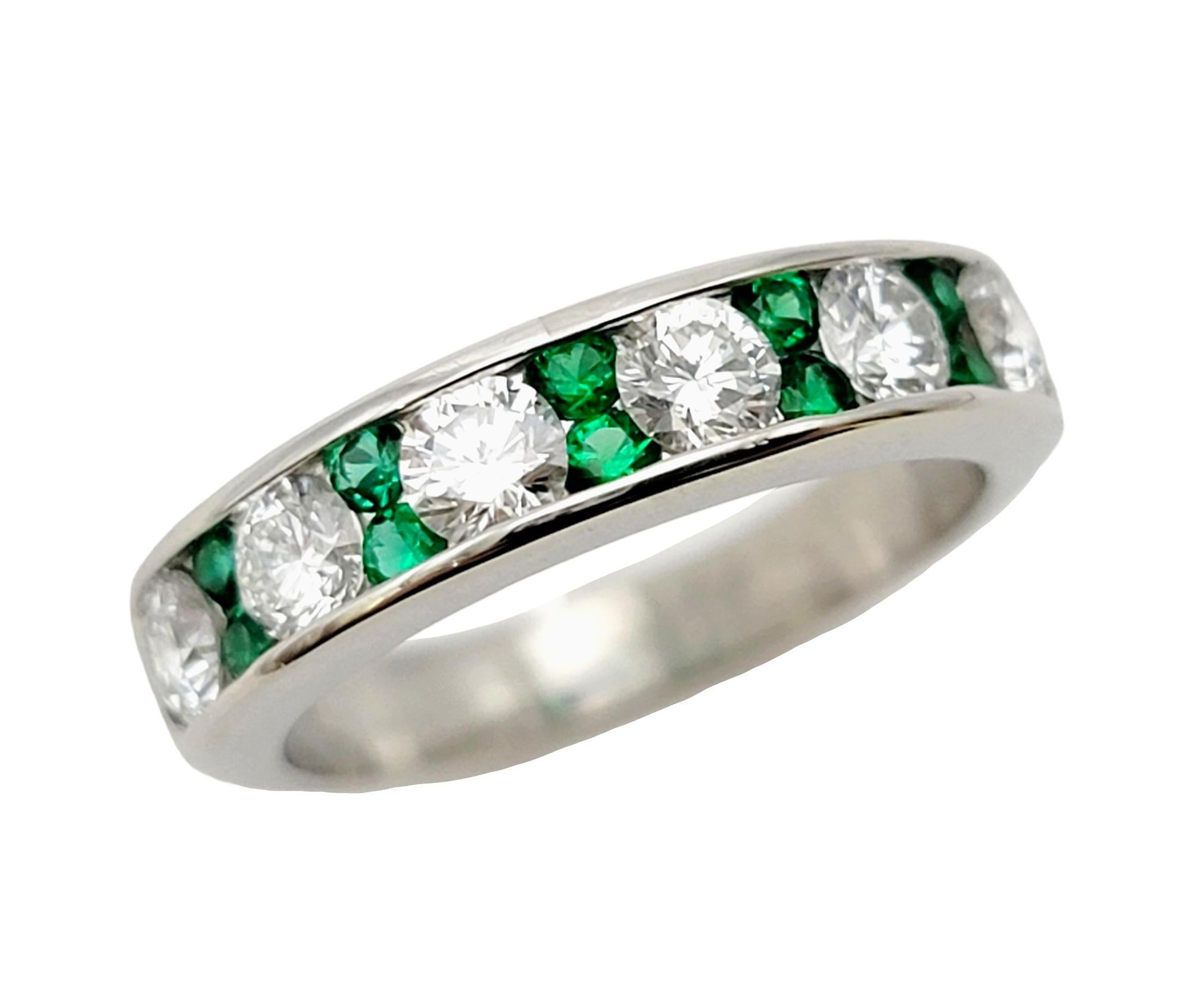 Round Cut Alternating Diamond and Emerald Semi-Eternity Band Ring in Polished Platinum For Sale