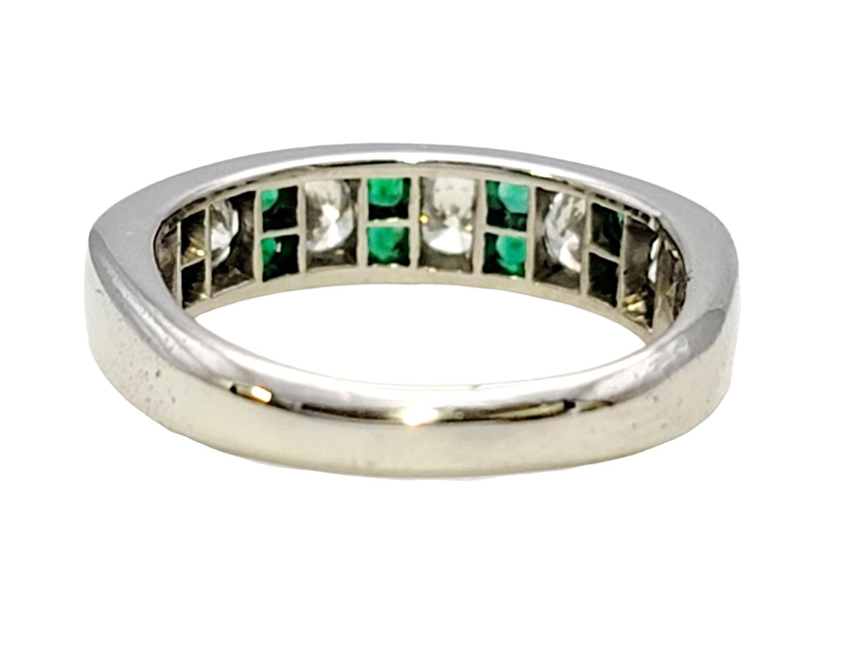Women's Alternating Diamond and Emerald Semi-Eternity Band Ring in Polished Platinum For Sale