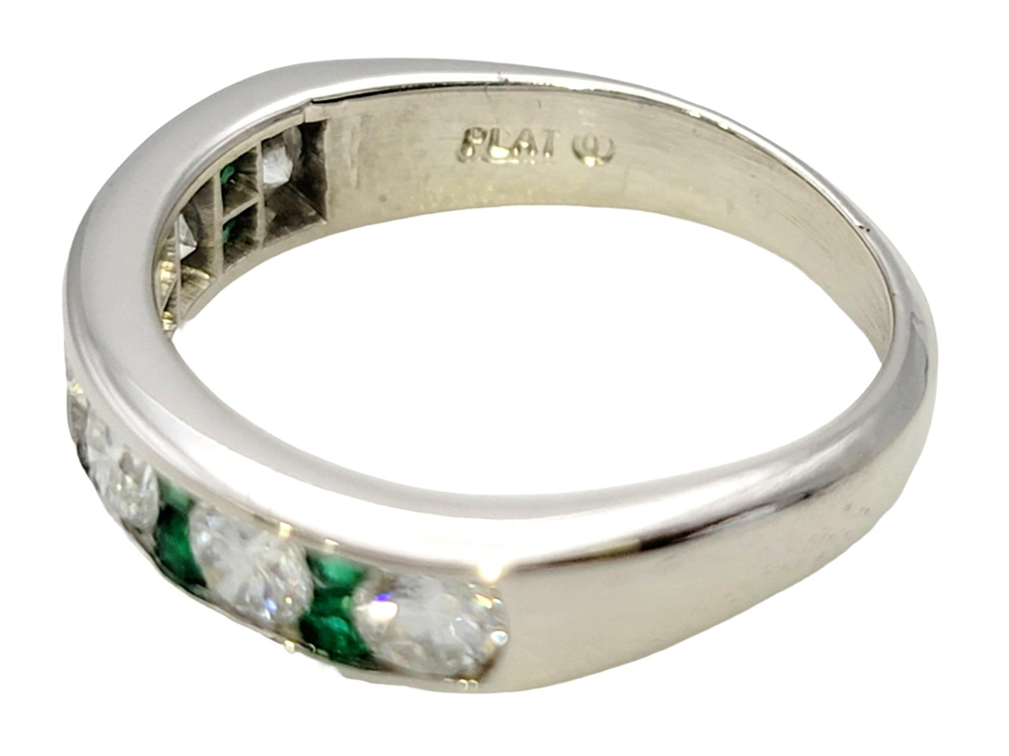 Alternating Diamond and Emerald Semi-Eternity Band Ring in Polished Platinum For Sale 1