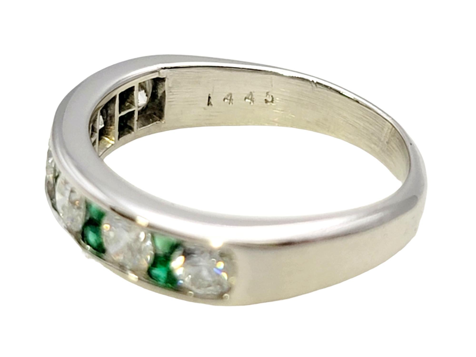 Alternating Diamond and Emerald Semi-Eternity Band Ring in Polished Platinum For Sale 2