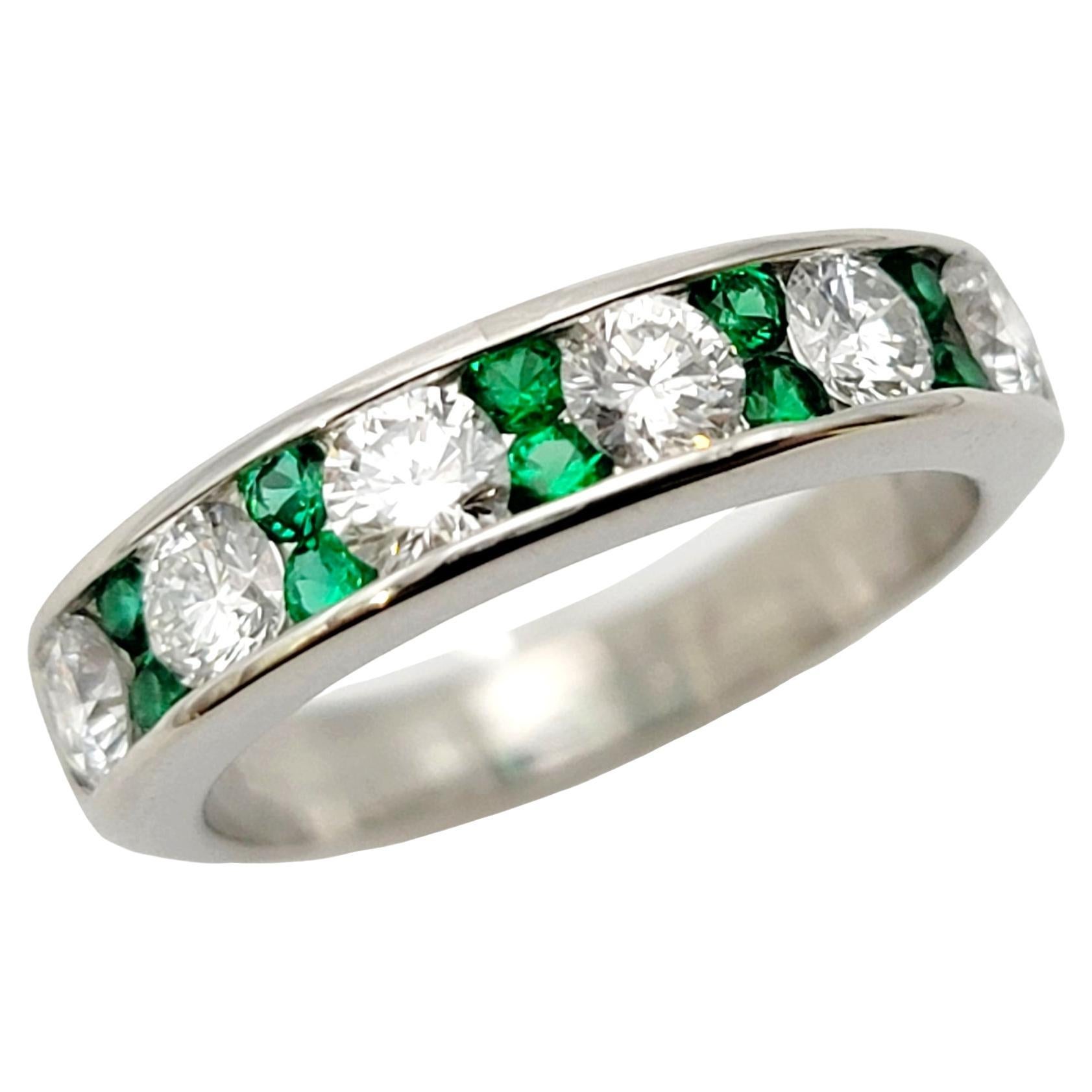 Alternating Diamond and Emerald Semi-Eternity Band Ring in Polished Platinum For Sale