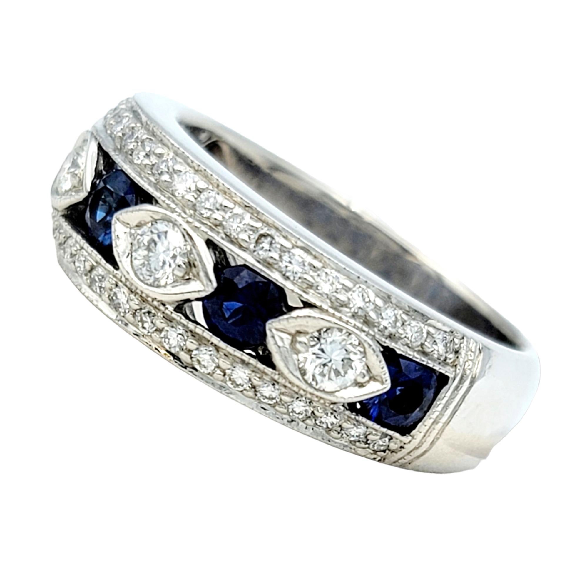 Contemporary Alternating Diamond and Sapphire Band Ring with Milgrain in 18 Karat White Gold For Sale