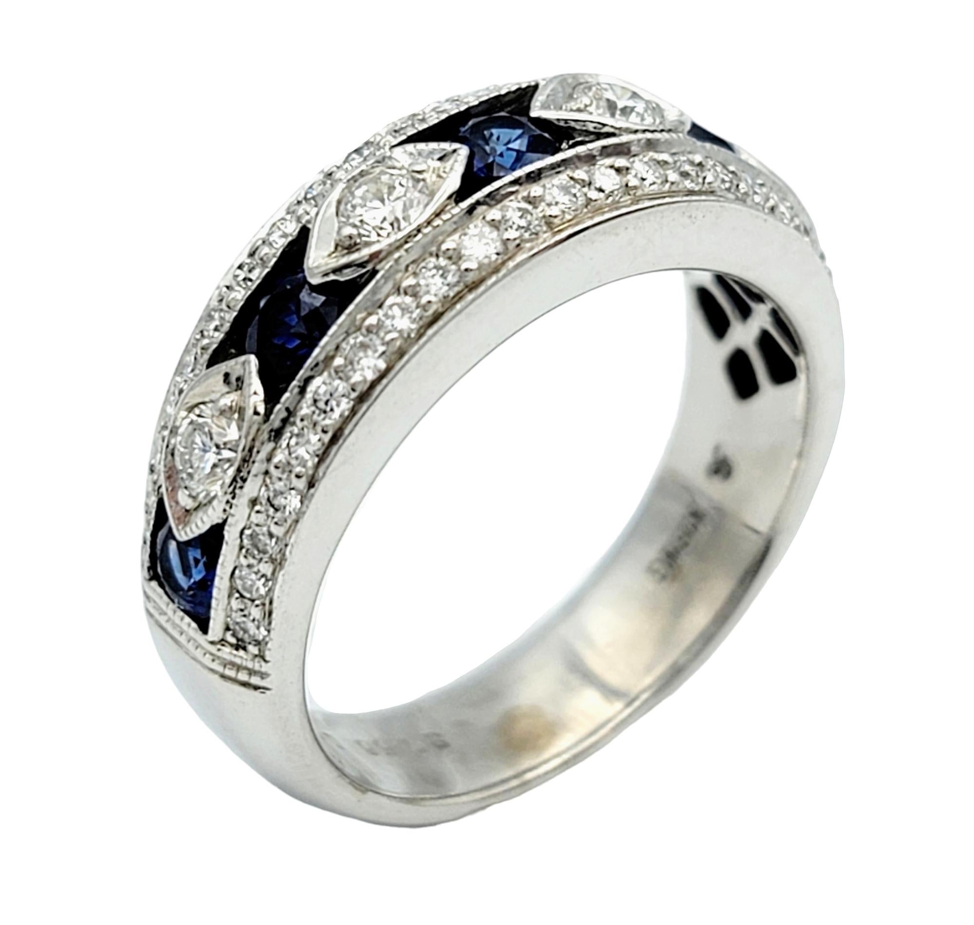 Round Cut Alternating Diamond and Sapphire Band Ring with Milgrain in 18 Karat White Gold For Sale