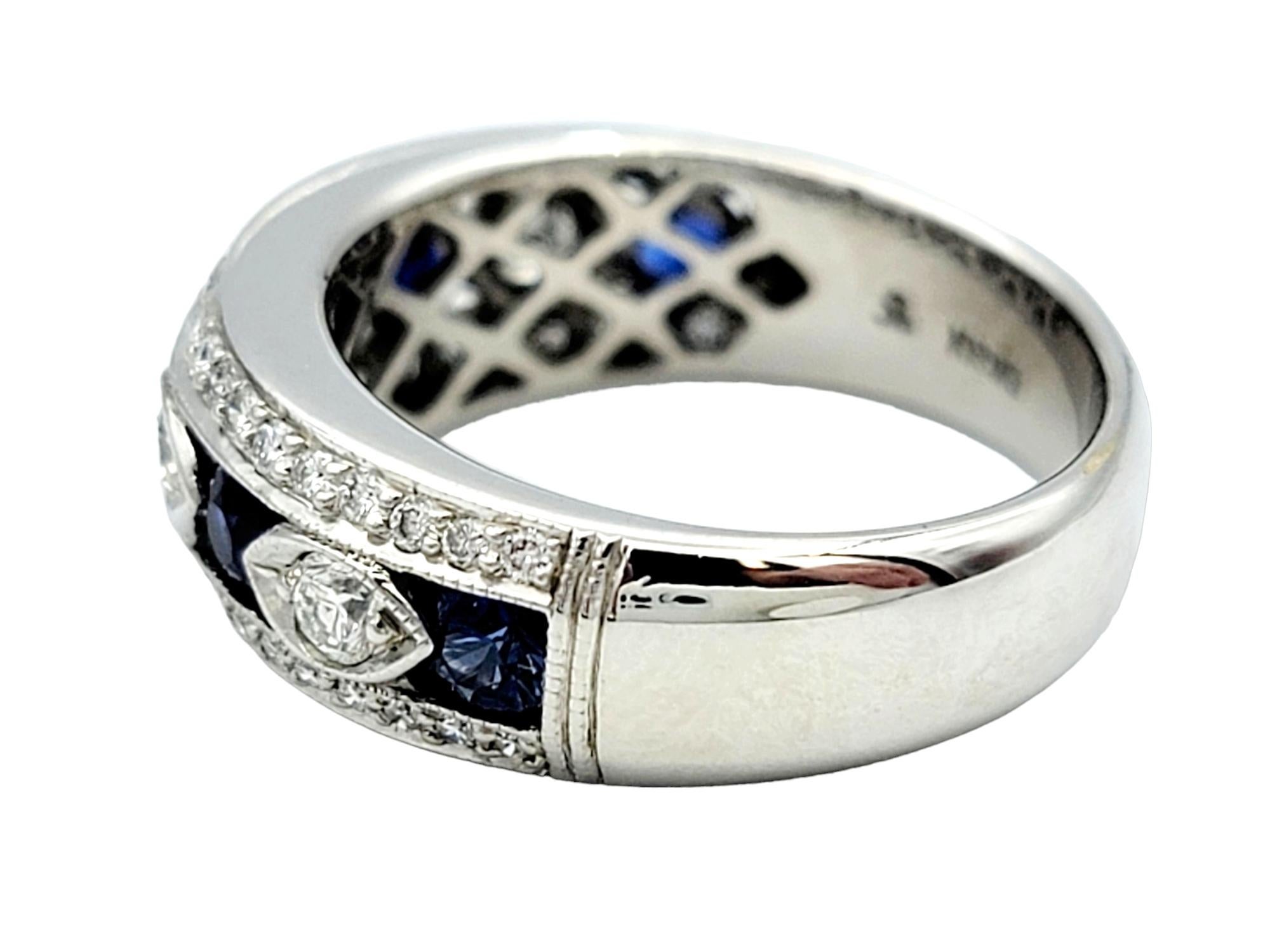 Alternating Diamond and Sapphire Band Ring with Milgrain in 18 Karat White Gold In Good Condition For Sale In Scottsdale, AZ