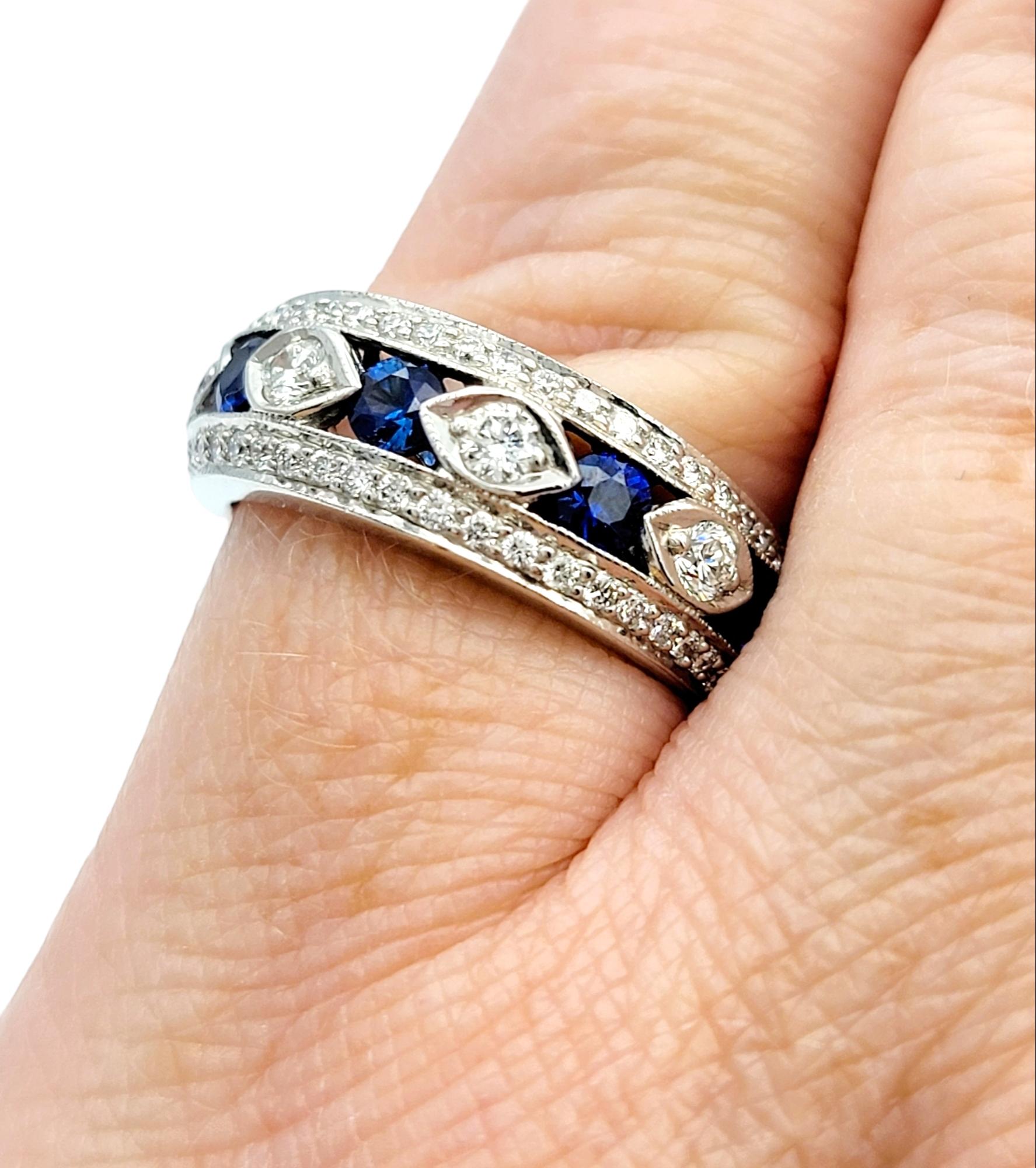 Alternating Diamond and Sapphire Band Ring with Milgrain in 18 Karat White Gold For Sale 3