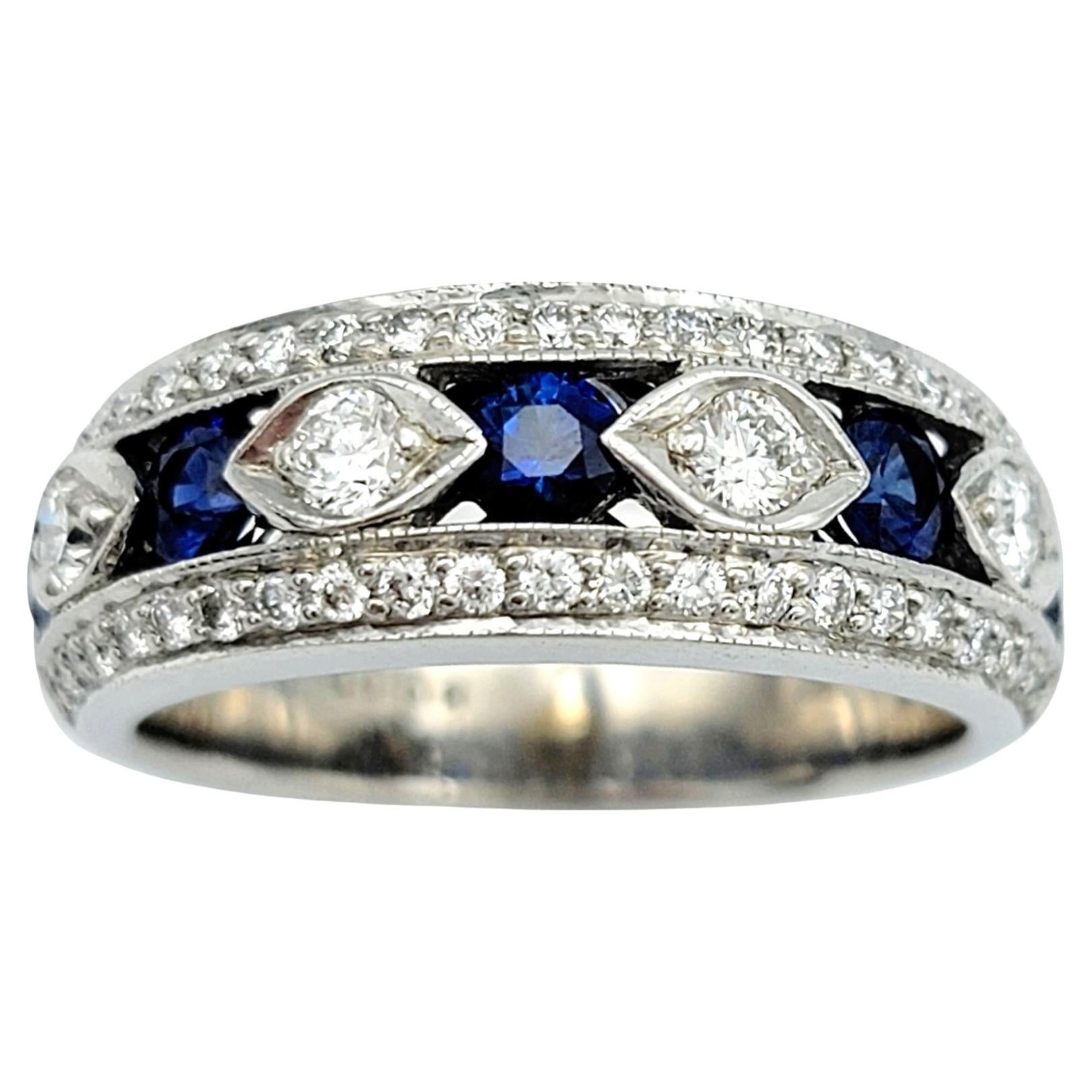 Alternating Diamond and Sapphire Band Ring with Milgrain in 18 Karat White Gold For Sale