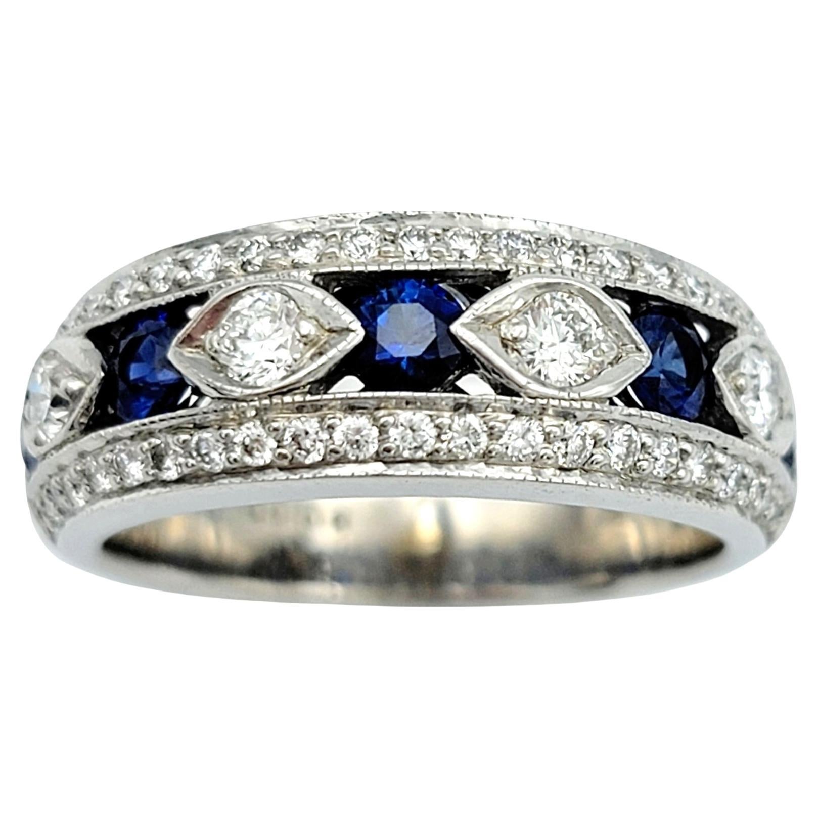 Alternating Diamond and Sapphire Band Ring with Milgrain in 18 Karat White Gold