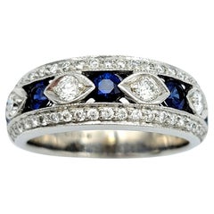 Alternating Diamond and Sapphire Band Ring with Milgrain in 18 Karat White Gold