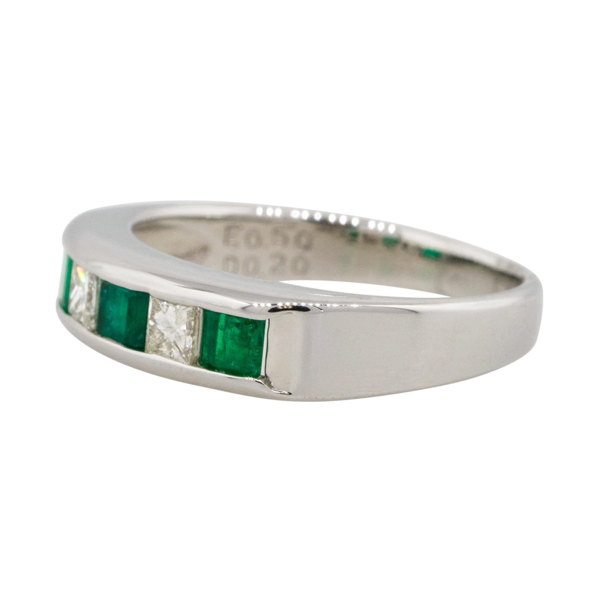 Material: Platinum
Gemstone details: Approx. 0.50ctw fo Emerald gemstones
Diamond details: Approx. 0.20ctw of princess cut Diamonds. Diamonds are G/H in color and VS in clarity
Ring Size: 5.75 
Ring Measurements: 0.75
