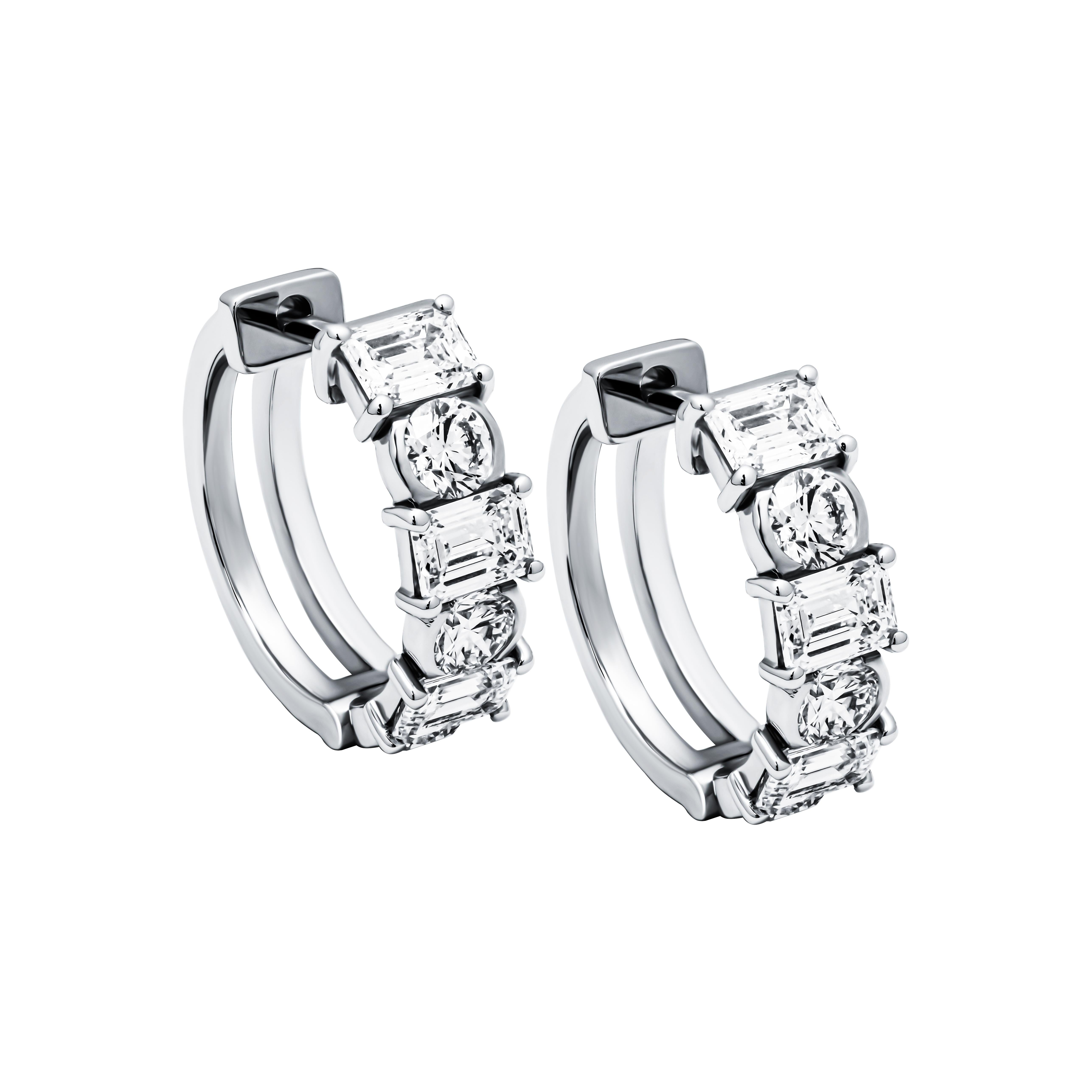 Mixed Cut Alternating Diamond Hoop Earrings with Emerald Cut & Round Diamonds For Sale