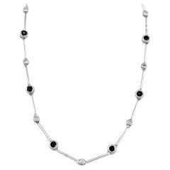 Alternating Diamond & Sapphire Bar Link Station Necklace in 14 Karat White Gold