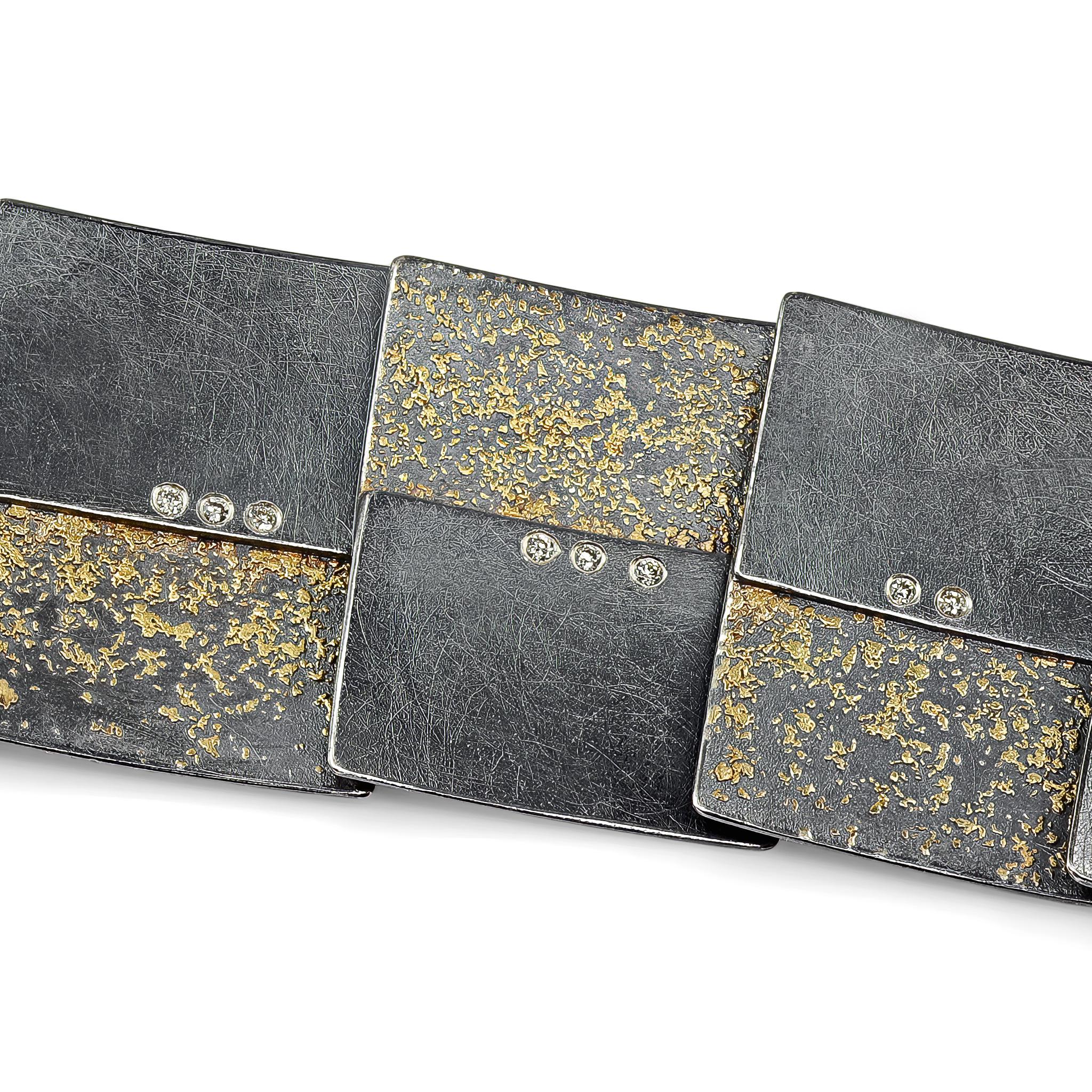 Gliederhalskette aus Gelbgold mit abwechselnd abwechselnden Diamanten und oxidiertem Silber, Atelier Zobel im Zustand „Neu“ im Angebot in Dallas, TX
