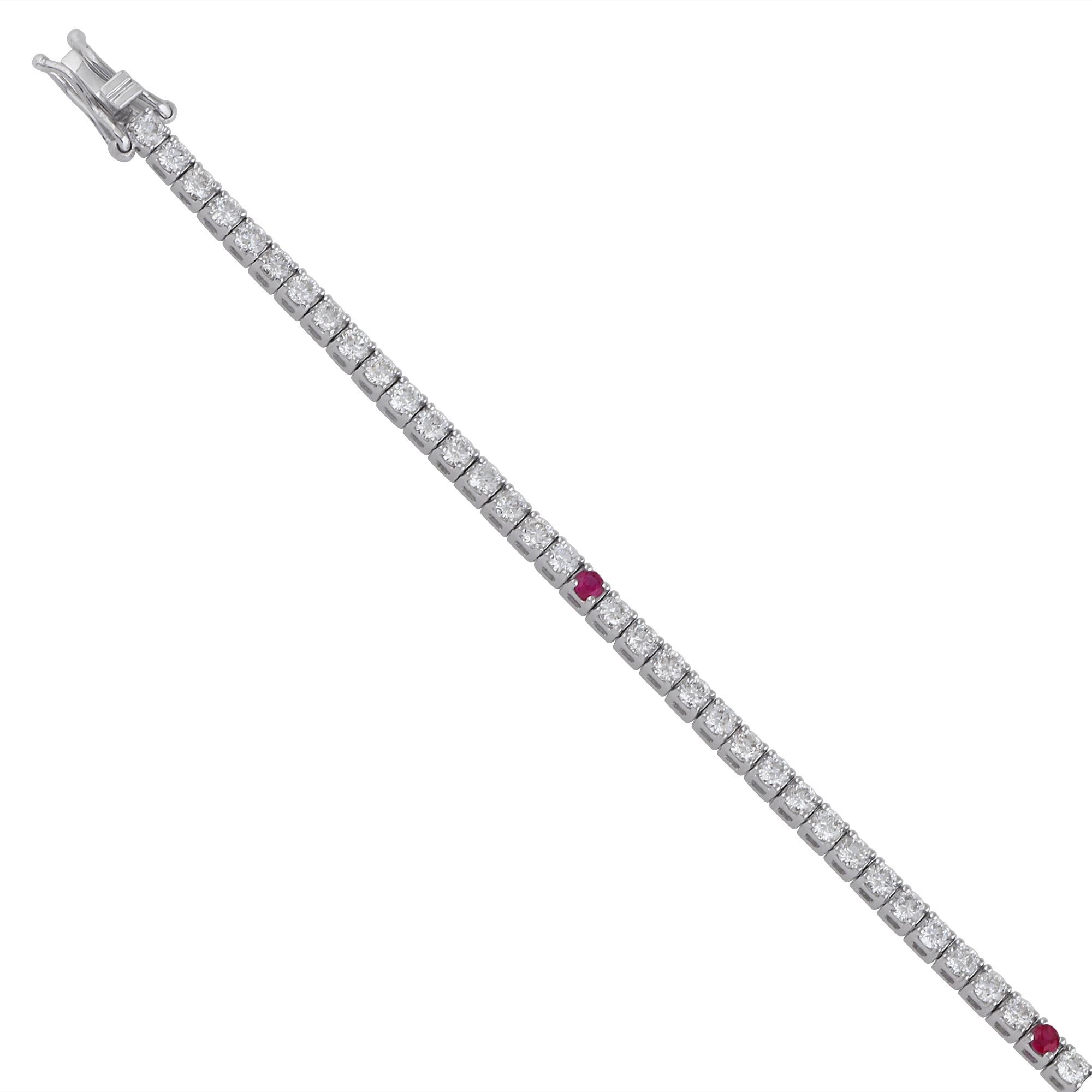 Round Cut Alternating Diamonds and Rubies Sleek 18k White Gold Bracelet for Her For Sale