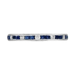 Alternating Double Blue Sapphire & Diamond Eternity Band 14K White Gold Ring