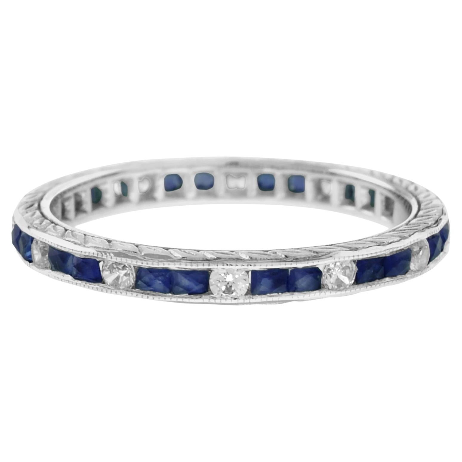 Alternating Double Blue Sapphire & Diamond Eternity Band 14K White Gold Ring im Angebot