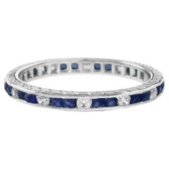 Alternating Double Blue Sapphire & Diamond Eternity Band 14K White Gold Ring