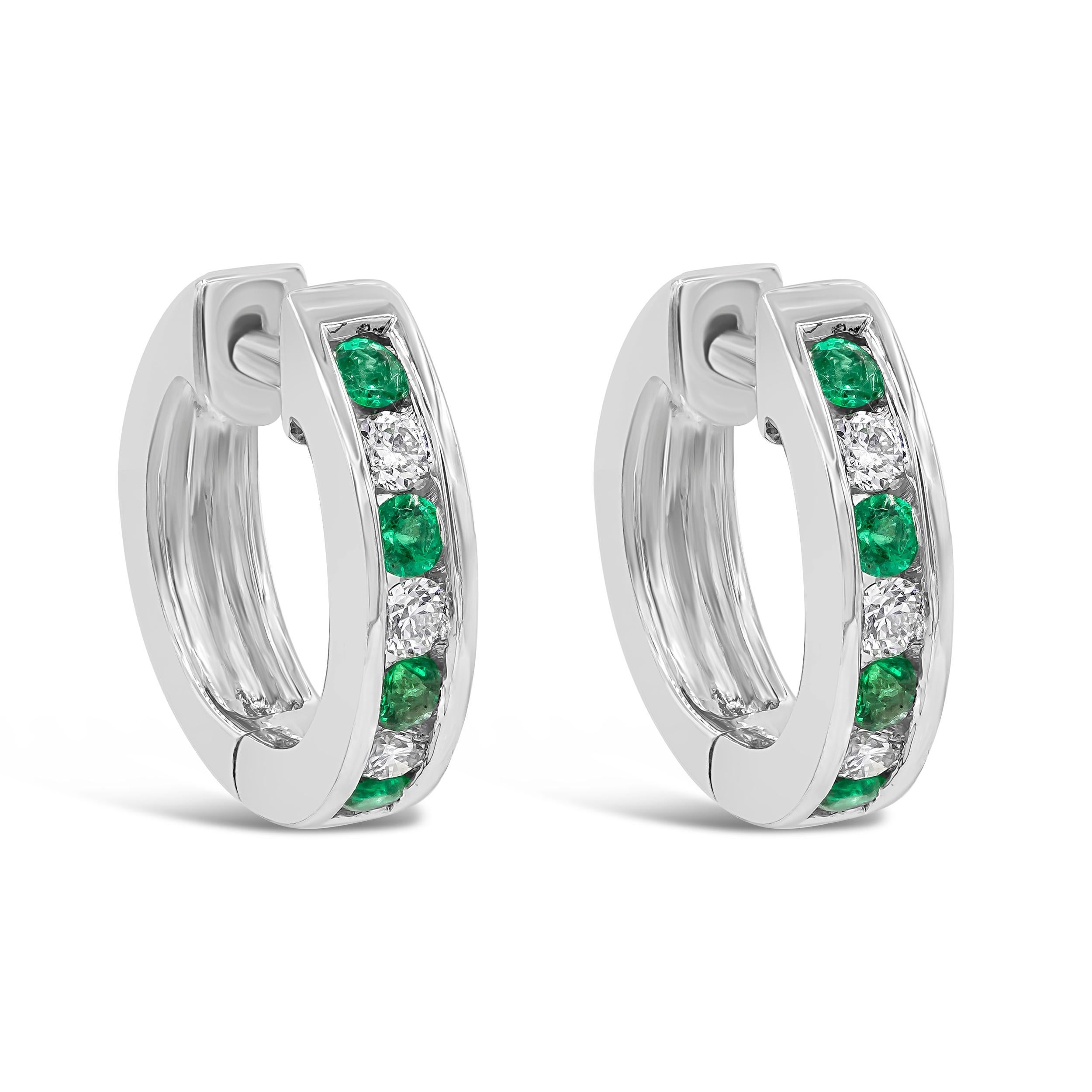 Contemporary Roman Malakov, Alternating Emerald and Diamond Hoop Earrings