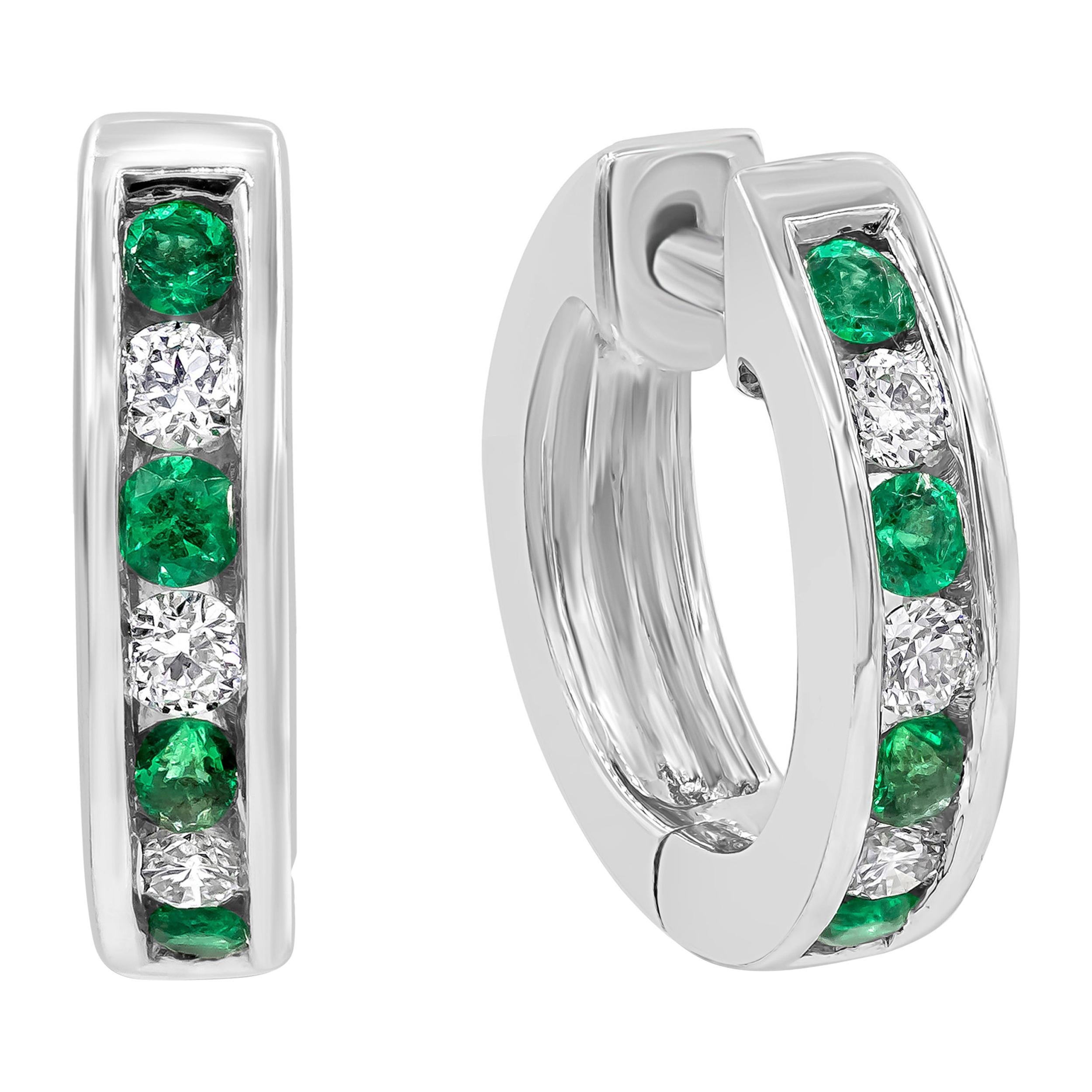 Roman Malakov, Alternating Emerald and Diamond Hoop Earrings