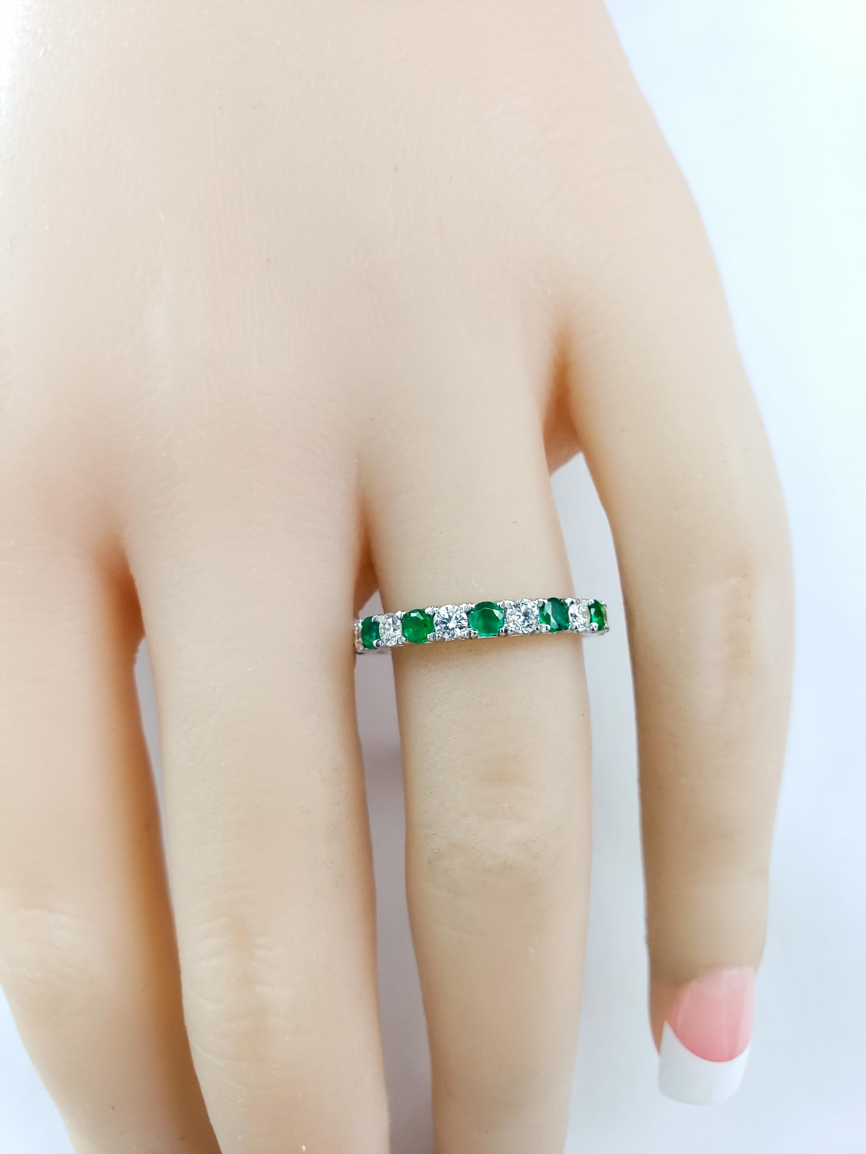 Contemporary Alternating Emerald and Diamond Wedding Band