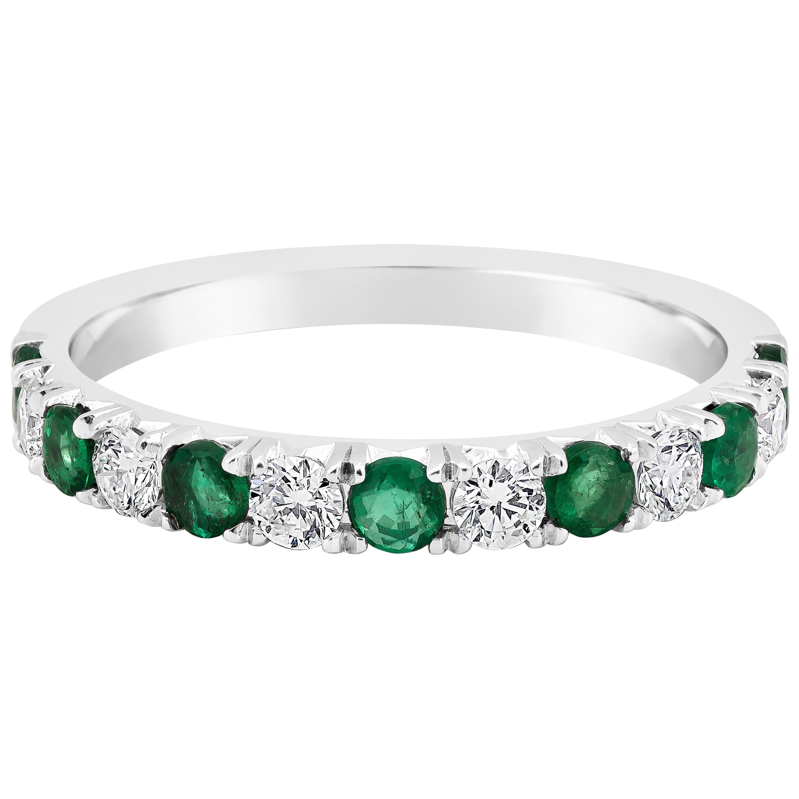 Alternating Emerald and Diamond Wedding Band