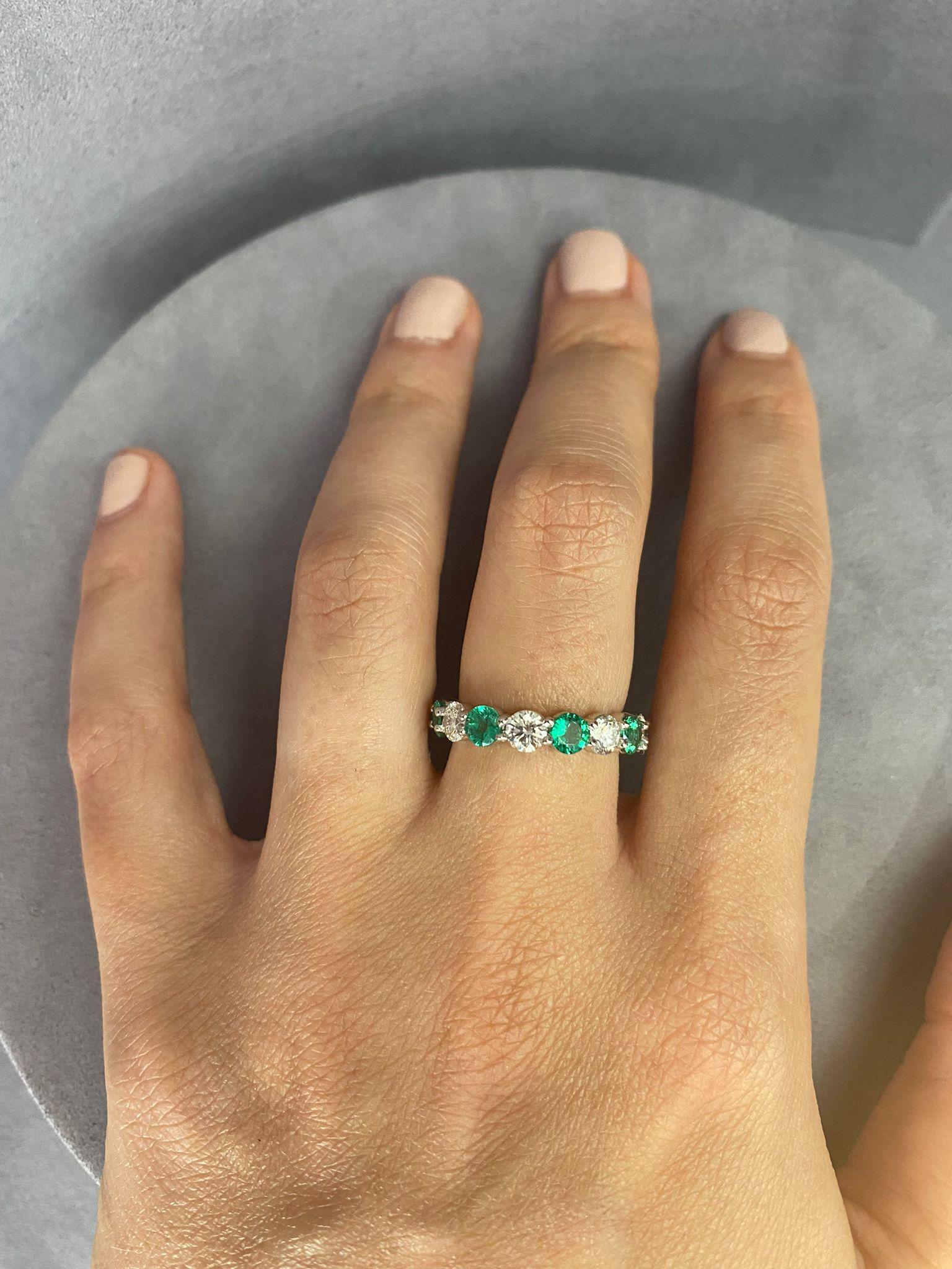 Women's or Men's Alternating Emerald and Round Diamond Eternity Band Ring For Sale