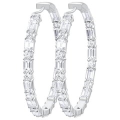 Alternating Emerald and Round Diamond Hoop Earrings