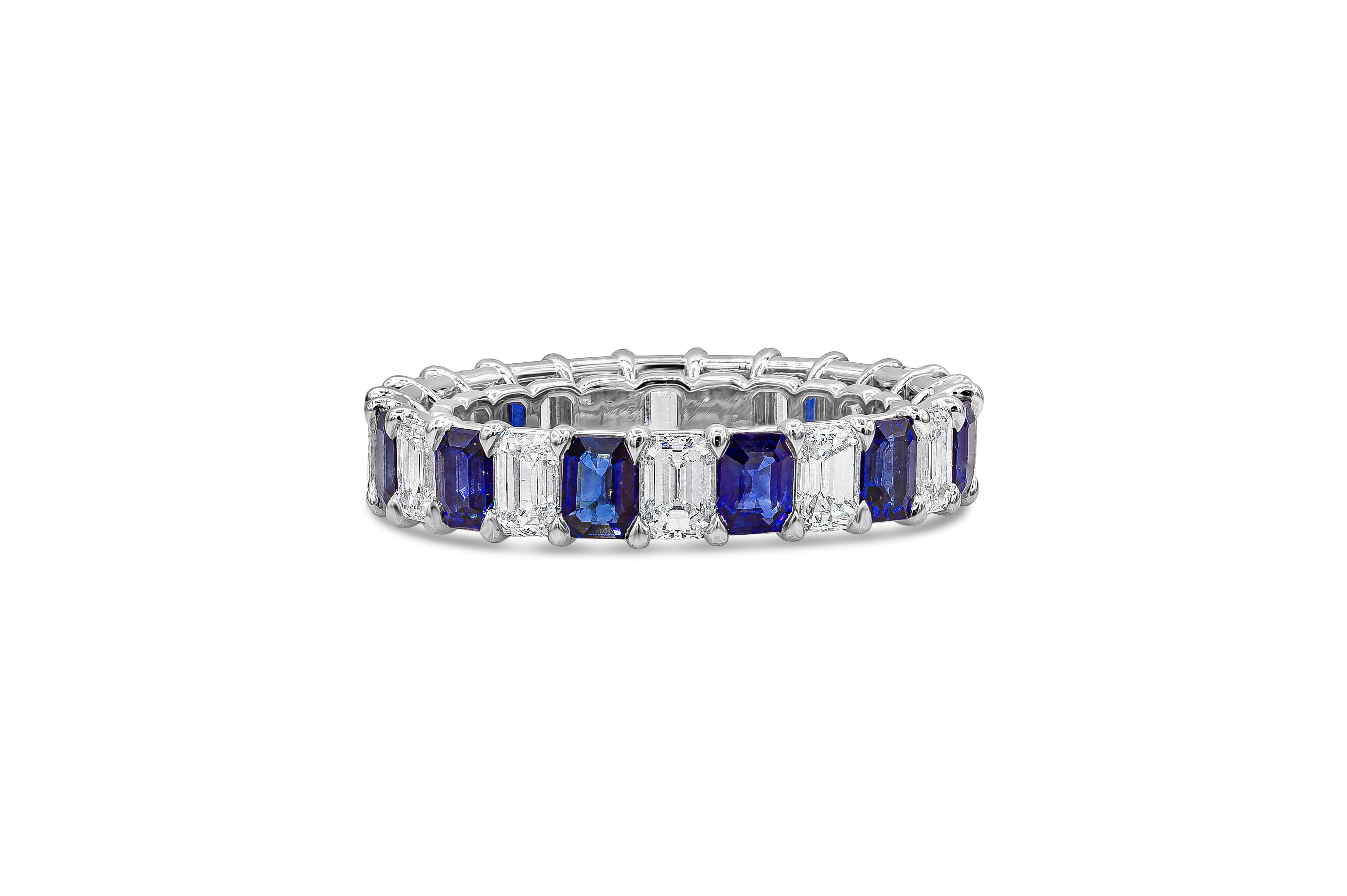A beautiful and vibrant wedding band showcasing 2.73 carats of emerald cut blue sapphires that alternate with 2.28 carats of emerald cut diamonds, F Color and VS in Clarity. Set in an open-gallery mounting. Made with Platinum. Size 6.5 US

Style