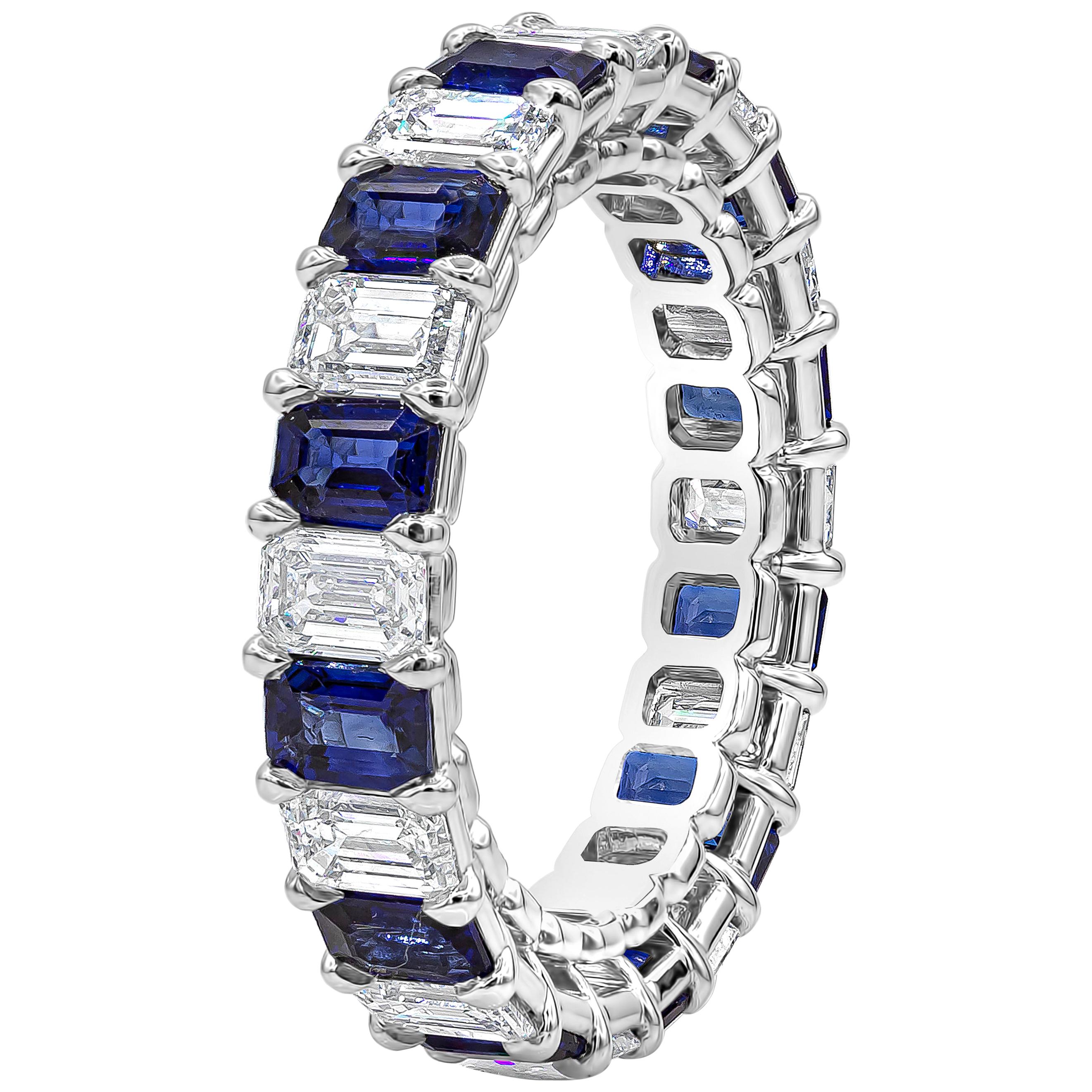 5.01 Carat Total Emerald Cut Alternating Blue Sapphire and Diamond Wedding Band