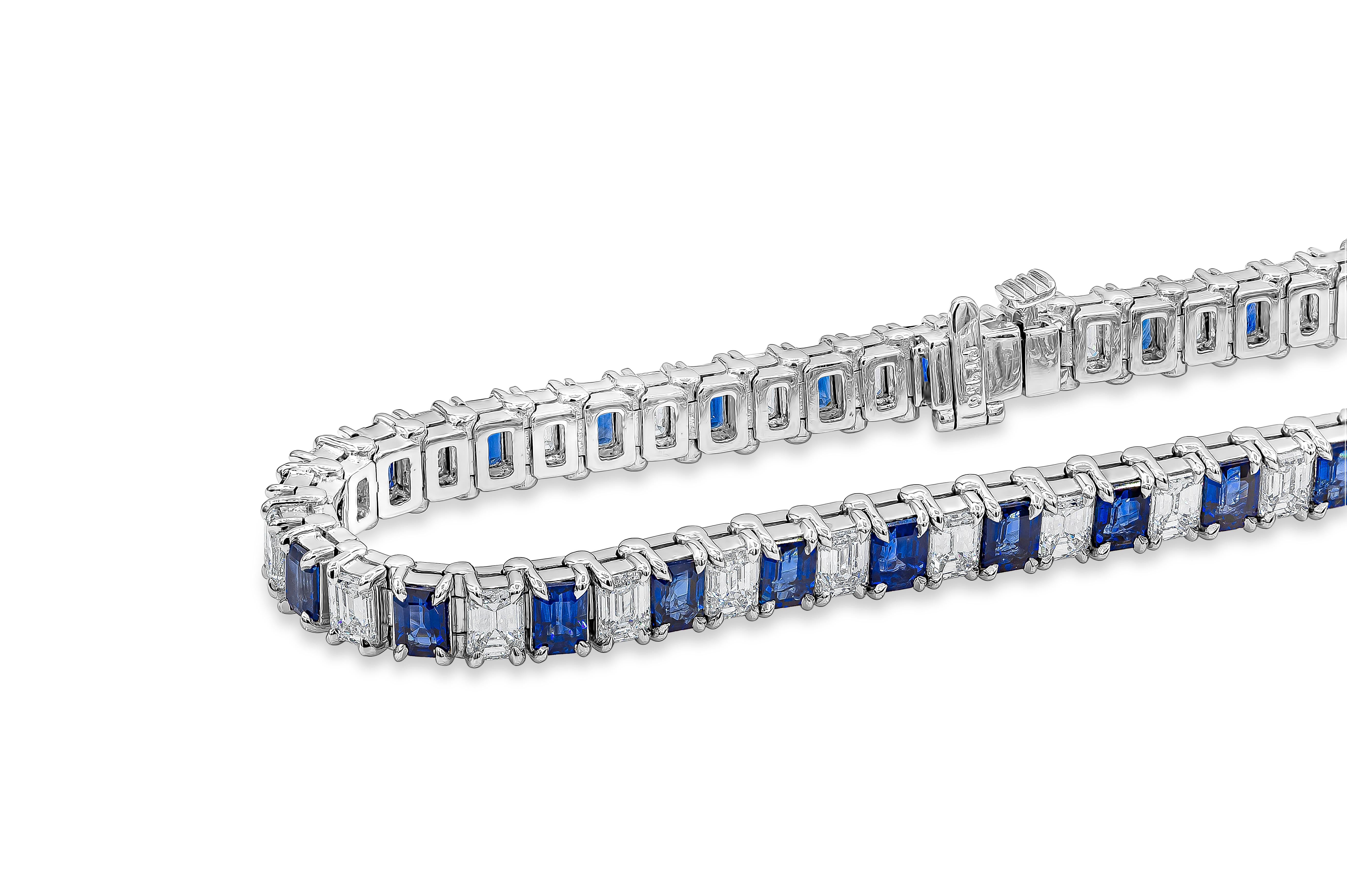 A fashionable tennis bracelet showcasing alternating emerald cut royal blue sapphires and emerald cut diamonds. Sapphires weighing 7.00 carats total, VS in Clarity. Diamonds weighing 5.73 carats total, H Color and VS in Clarity. Set in a classic