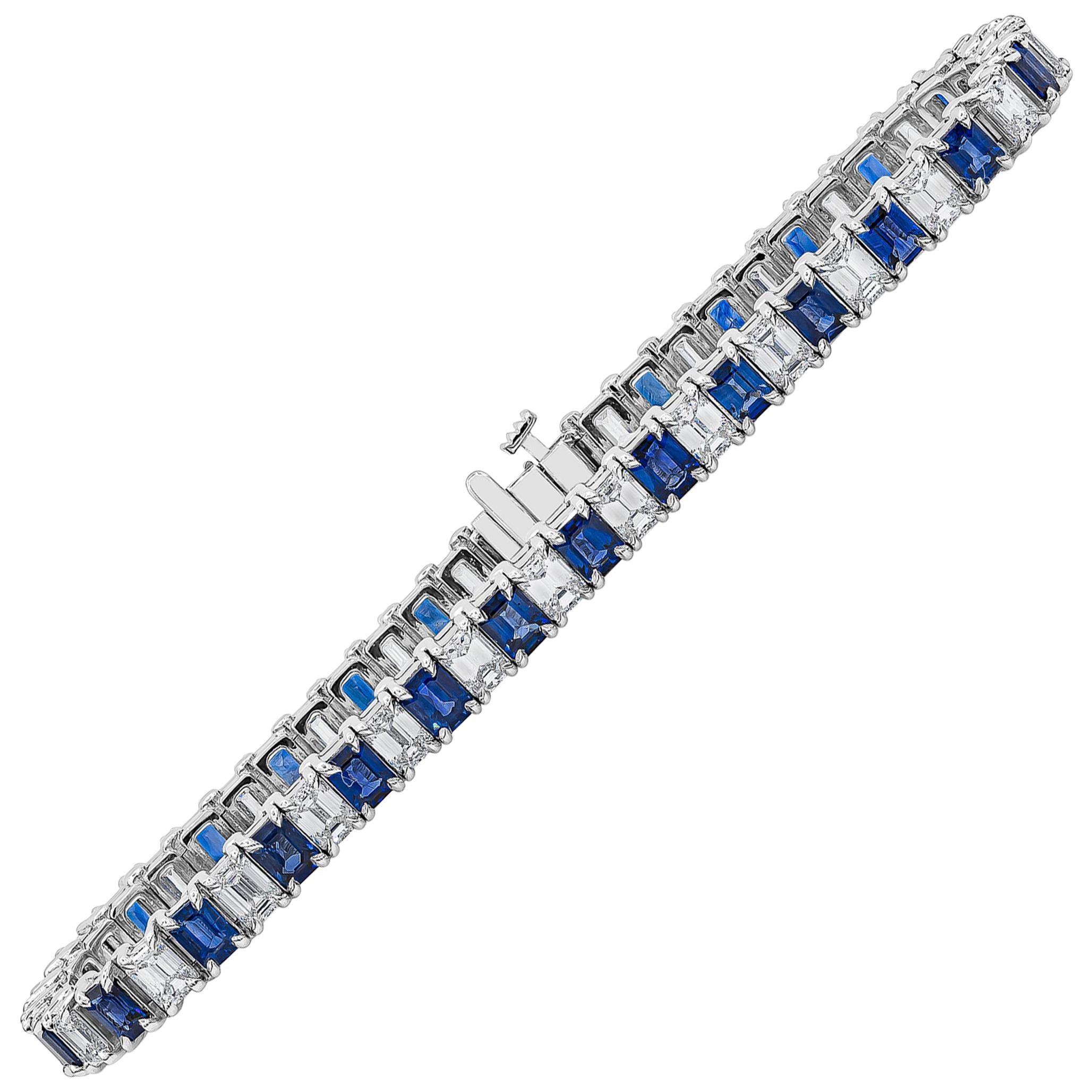 Roman Malakov 12.73 Carats Total Emerald Cut Sapphire & Diamond Tennis Bracelet For Sale