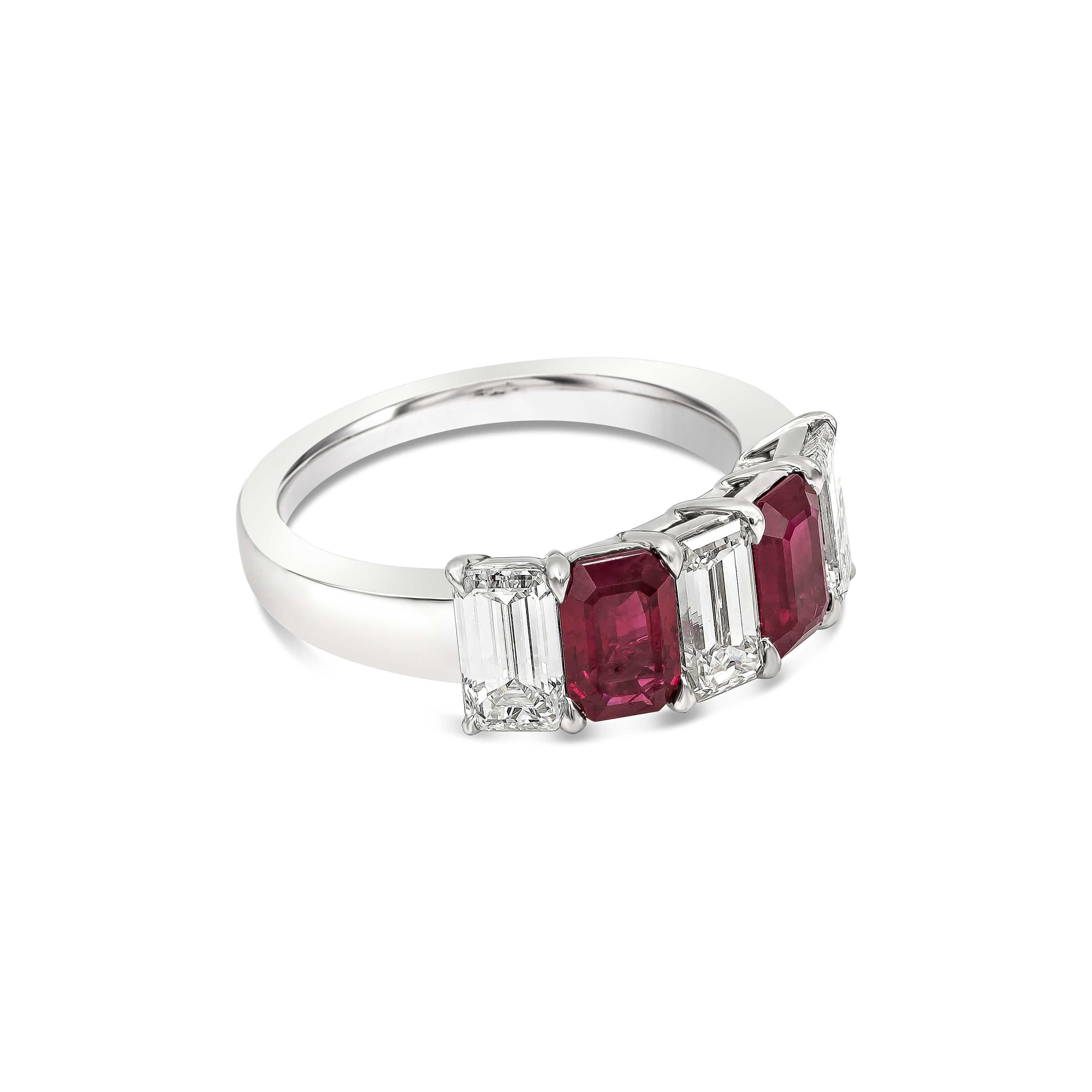 A beautiful and color-rich 5-stone ring showcasing emerald cut diamonds, spaced by emerald cut rubies set in a polished platinum mounting. Diamonds weigh 1.63 carats total; rubies weigh 1.49 carats total. 

Style available in different price ranges.