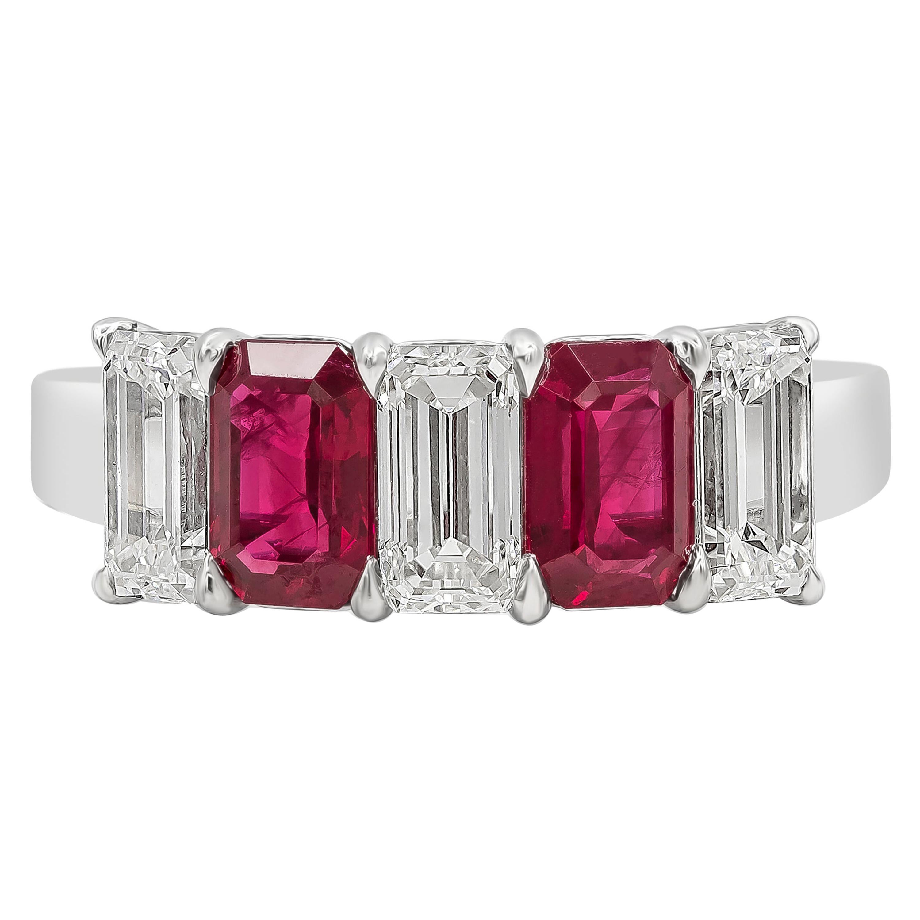 Alternating Emerald Cut Ruby and Diamond Five-Stone Ring