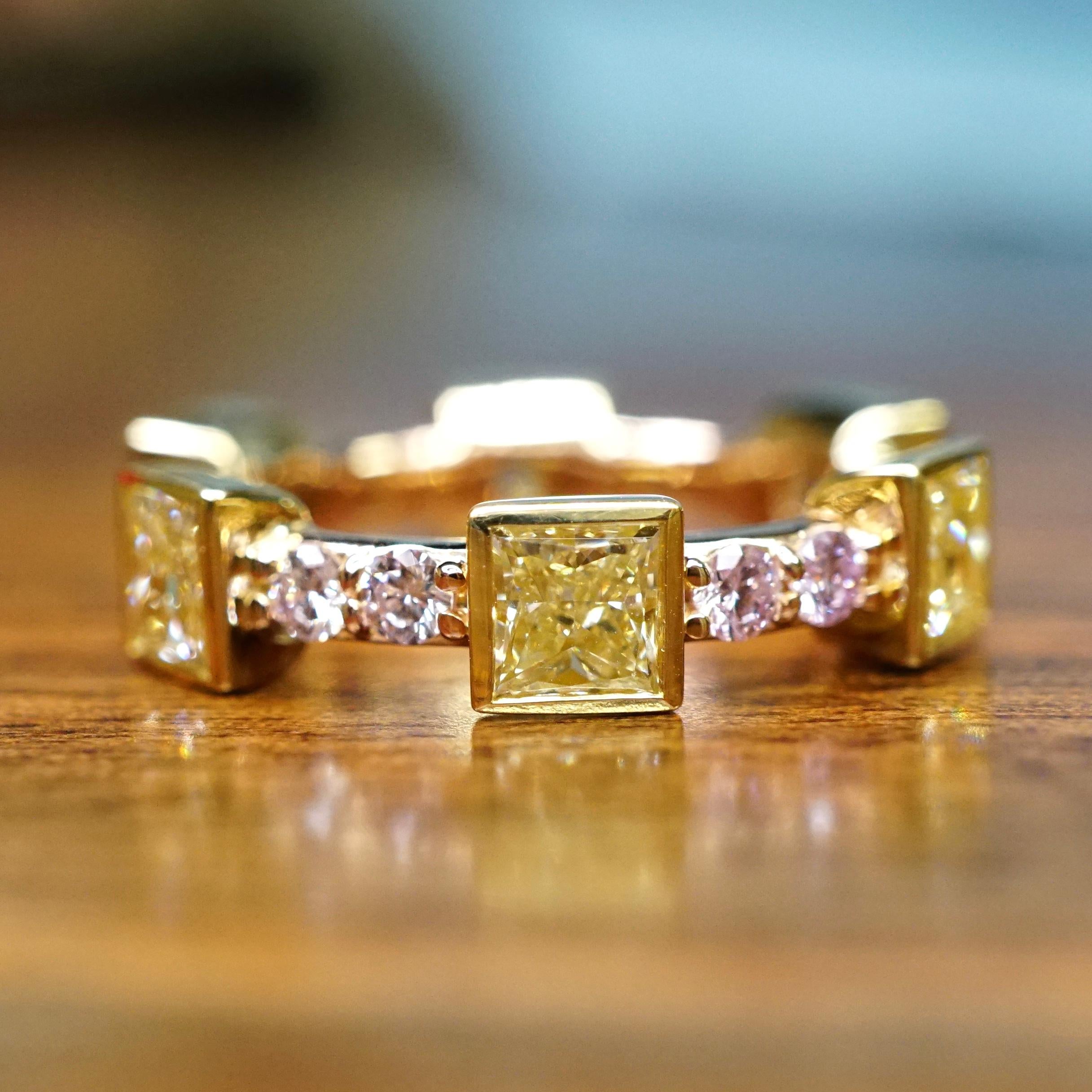3 Carat Fancy Yellow and Light Pink Natural Diamond Alternating Eternity Band In New Condition For Sale In New York, NY