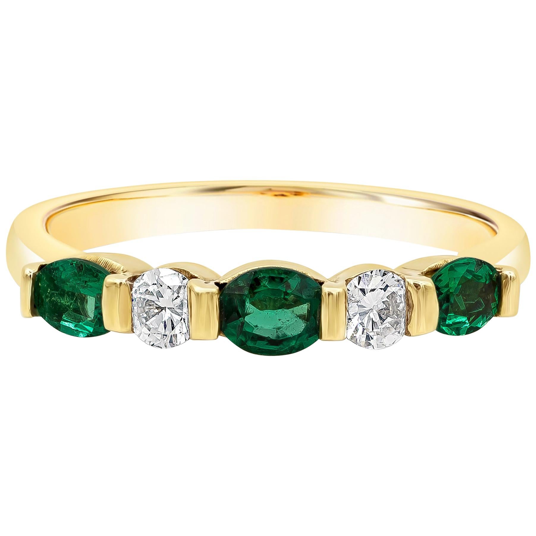 Alternating Green Emerald and Diamond Five-Stone Ring