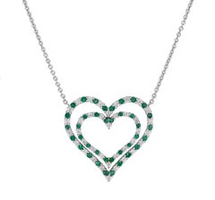 Alternating Green Emerald and Diamond Heart Pendant Necklace