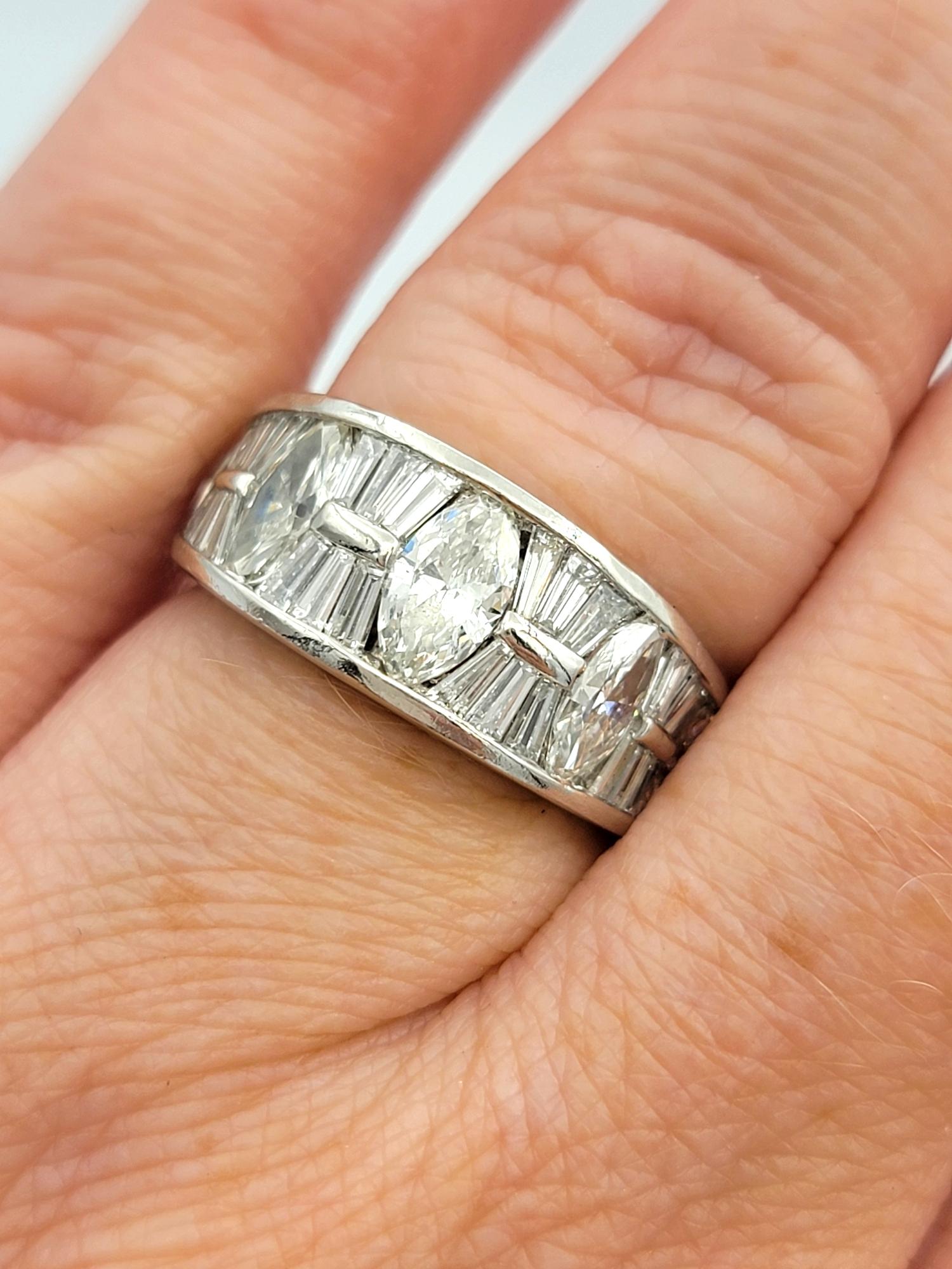 Alternating Marquise and Baguette Cut Diamond Bang Ring in Polished Platinum For Sale 4