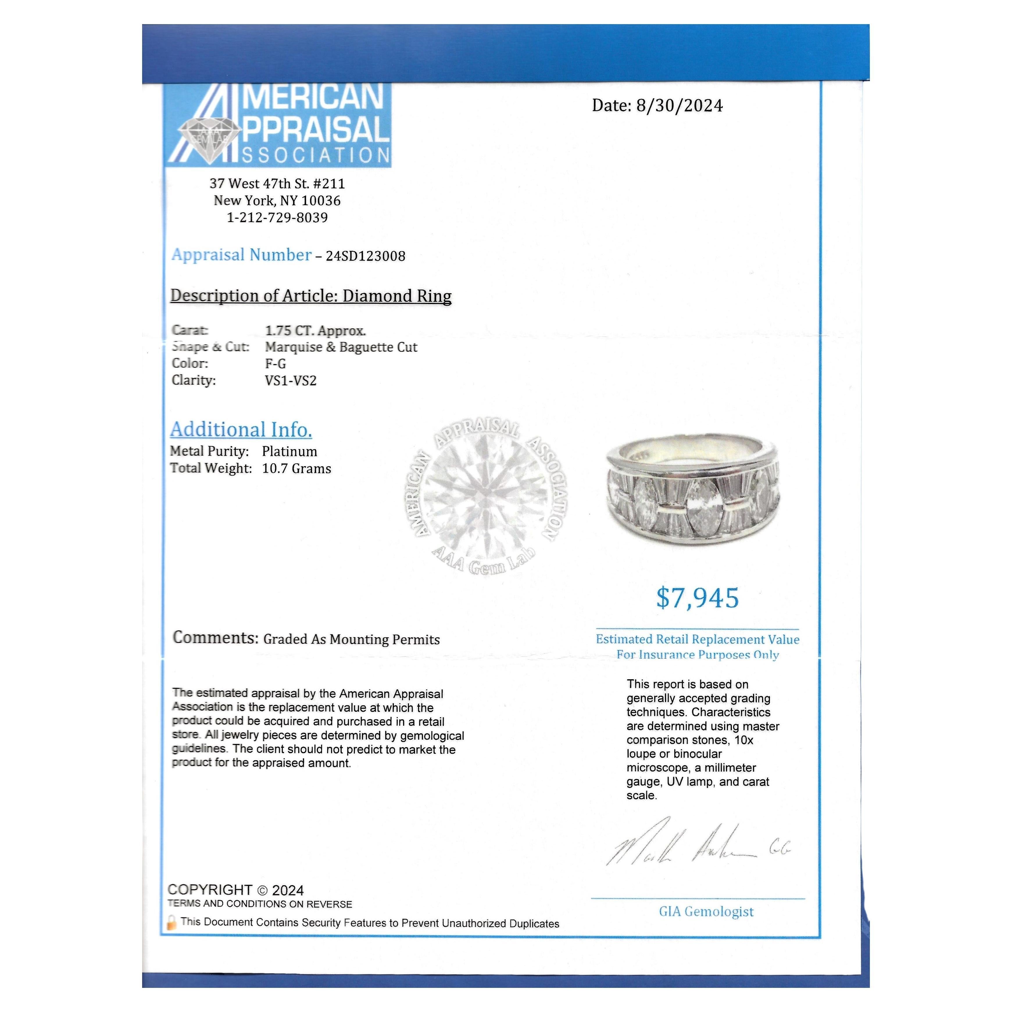 Alternating Marquise and Baguette Cut Diamond Bang Ring in Polished Platinum For Sale 5