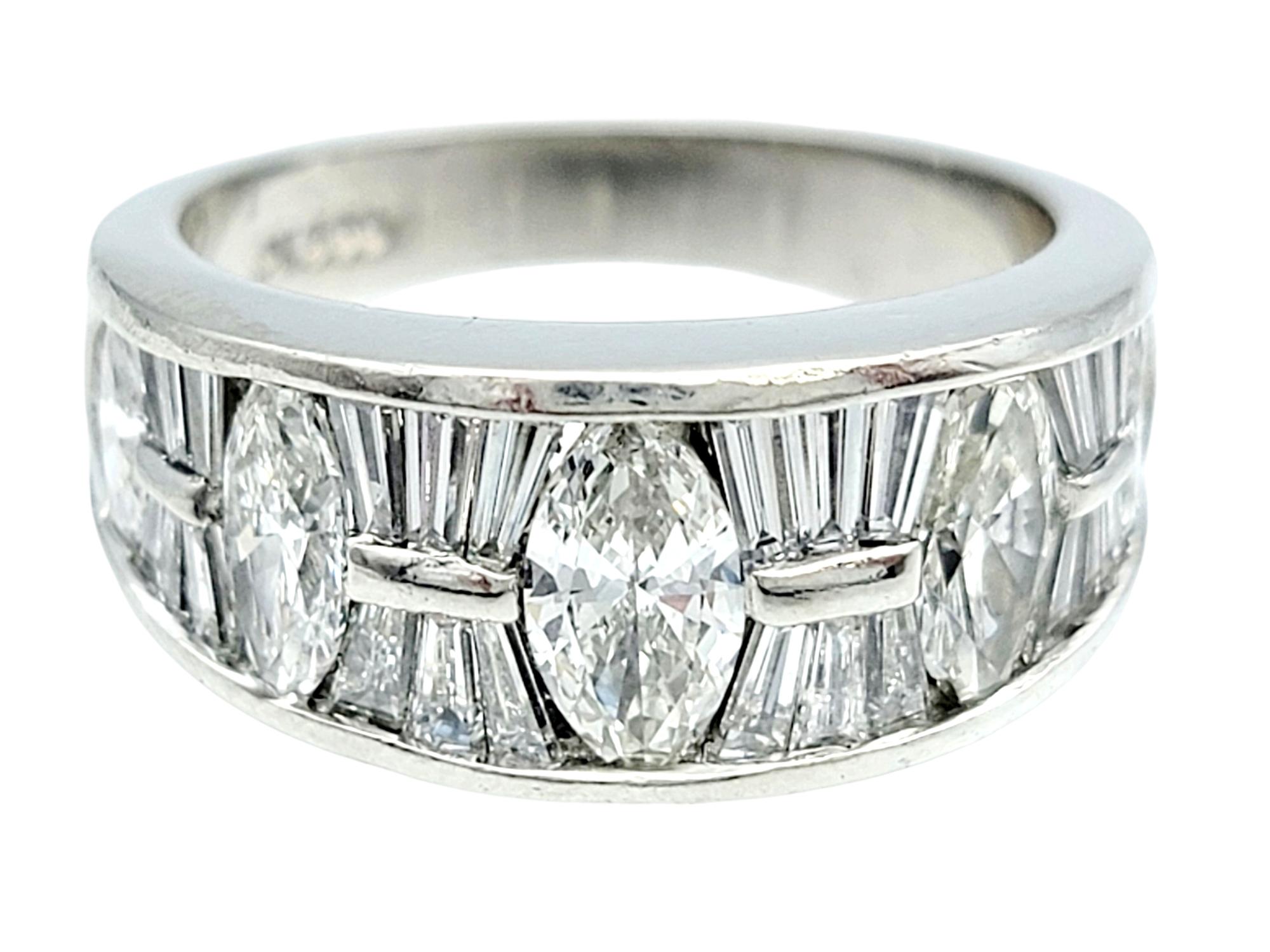 Contemporary Alternating Marquise and Baguette Cut Diamond Bang Ring in Polished Platinum For Sale