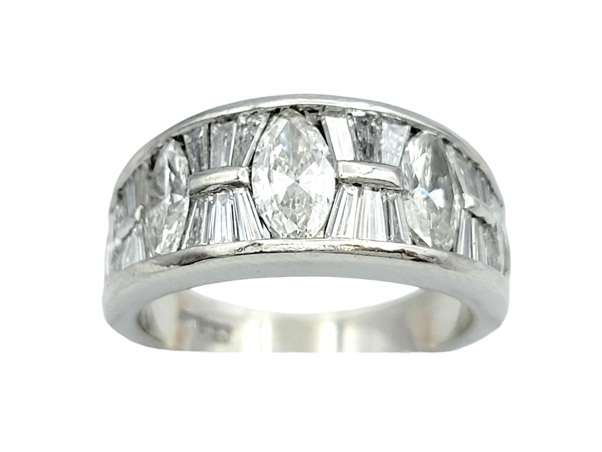 Marquise Cut Alternating Marquise and Baguette Cut Diamond Bang Ring in Polished Platinum For Sale