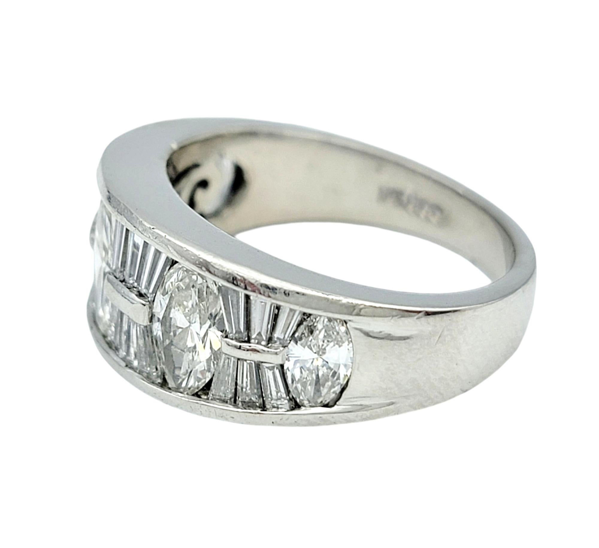 Women's Alternating Marquise and Baguette Cut Diamond Bang Ring in Polished Platinum For Sale